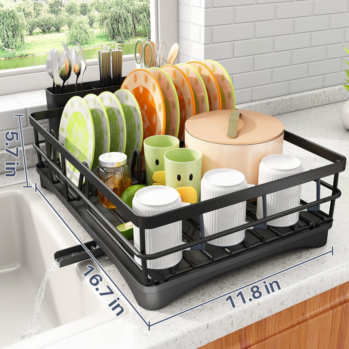 SAYZH Dish Drying Rack for Kitchen Counter with Utensil Holder, Black