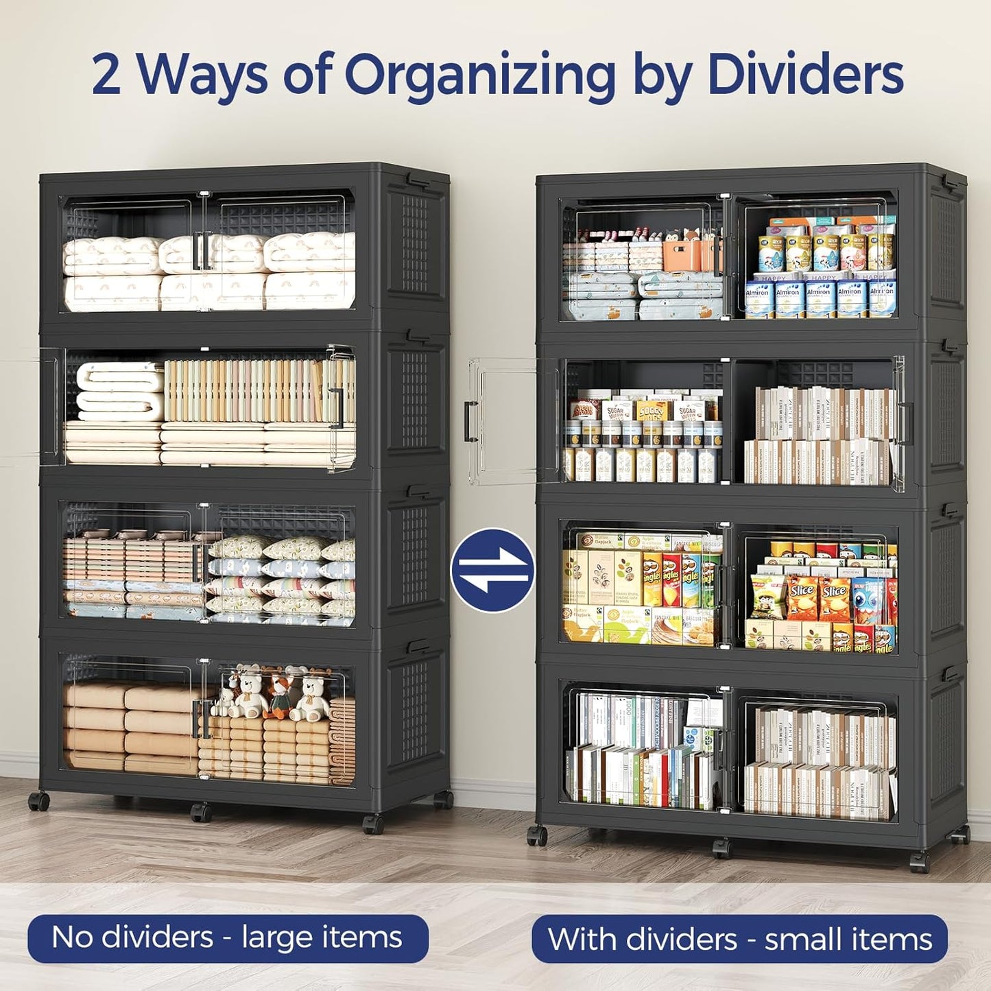 150GAL Storage Bins with Lid and Wheels, Stackable Closet Organizers and Storage Drawer, Collapsible Storage Box with Dividers, Foldable Plastic Cabinets Cubes Totes for Garage, 3 Pack Black