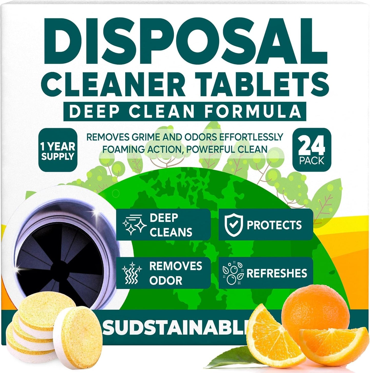 Sudstainables Garbage Disposal Cleaner Tablets 24-Pack - Sink Cleaner and Deodorizer, Disposal Cleaner and Deodorizer, Garbage Disposal Cleaner and Deodorizer Tablets - up to 1-year Supply