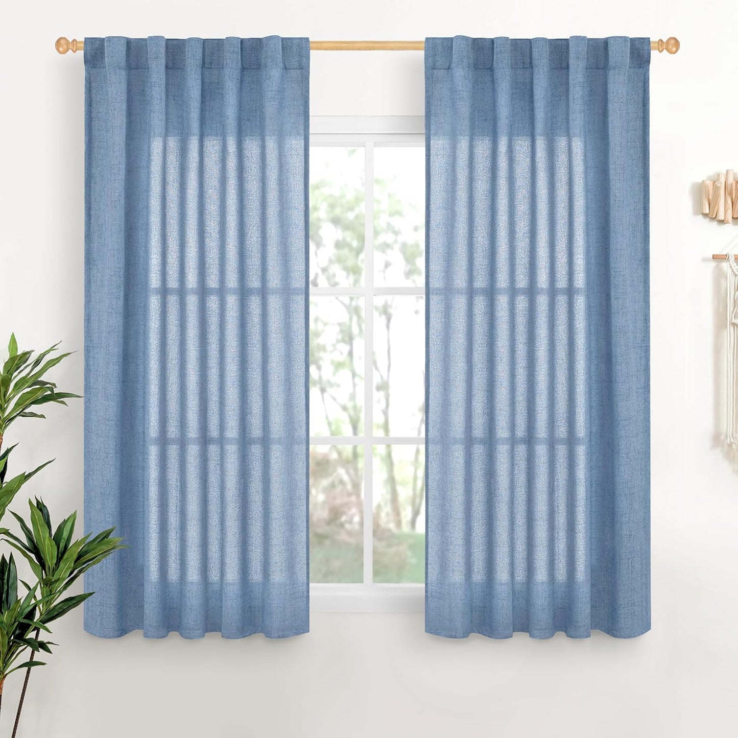 YoungsTex Denim Blue Linen Curtains 54 Inch Length for Short Windows, Semi Sheer Drapes Light Filtering with Rod Pocket Back Tab for Living Room Kitchen Bathroom, 2 Panels, 42 X 54 Inch