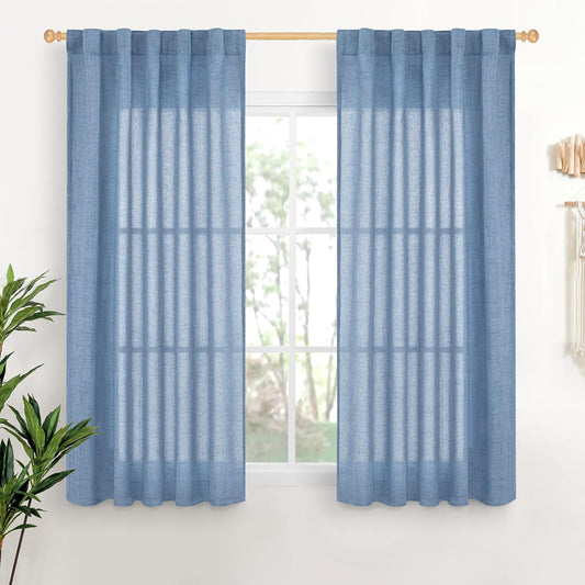 YoungsTex Denim Blue Linen Curtains 54 Inch Length for Short Windows, Semi Sheer Drapes Light Filtering with Rod Pocket Back Tab for Living Room Kitchen Bathroom, 2 Panels, 42 X 54 Inch