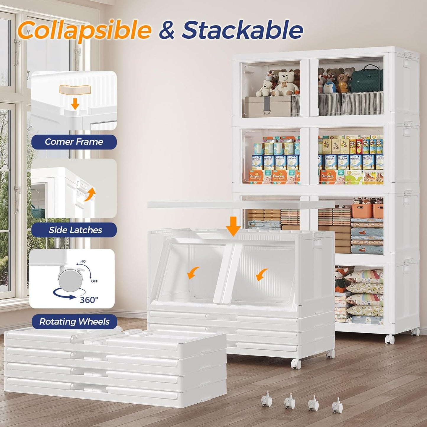 1000Qt Stackable Storage Bins with Lid and Wheel, 250Gal Plastic Closet Organizer and Storage Drawer, Large Collapsible Storages Box Cabinet with Clear Door for Home Kitchen, 5Pack White