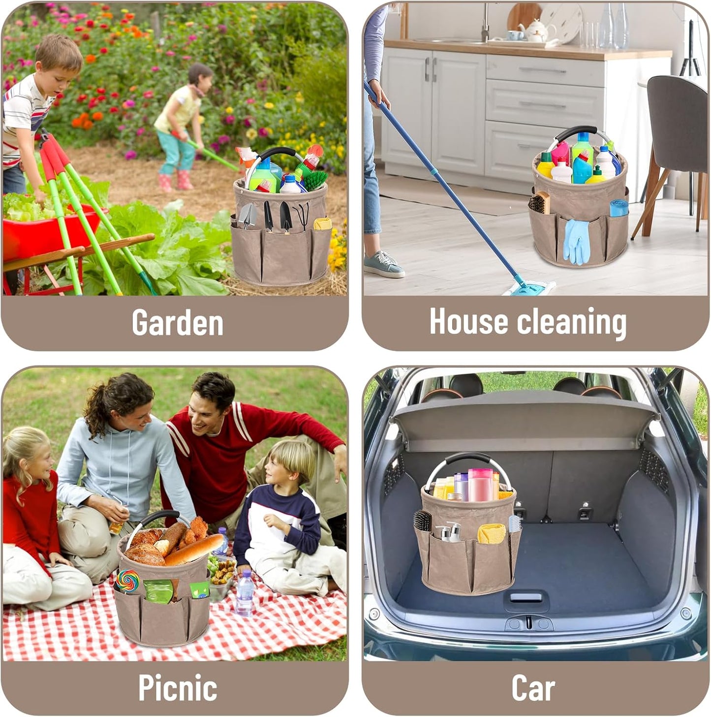 Qivine 17L Cleaning Caddy with Handle, Cleaning Supply Caddy Foldable Cleaning Caddy Cleaning Products Organizers Portable Cleaning Bucket Organiser for Storing Towels (Khaki)