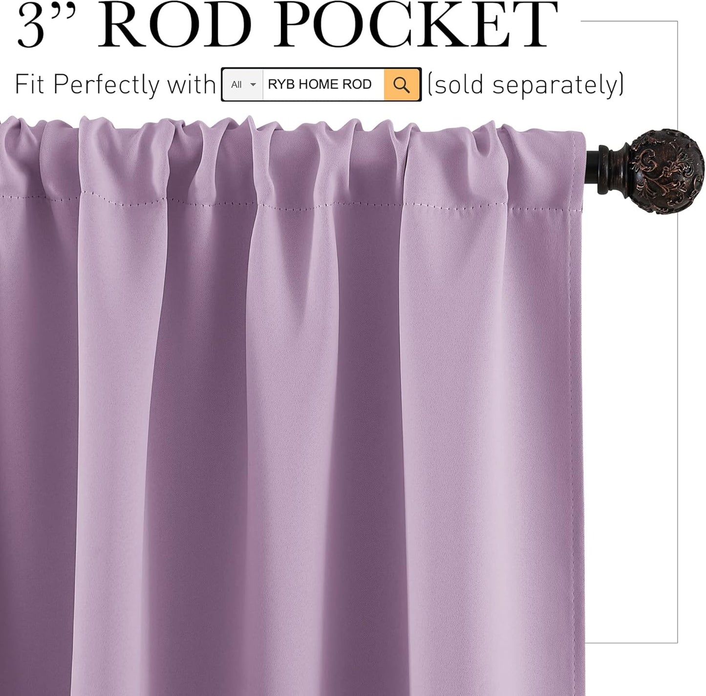 RYB HOME Small Kitchen Curtains, Room Darkening Drapes Energy Efficient Half Window Coverings Heavy Duty Solid Decor for Bedroom Bathroom Dining Room, W42 x L45 inches, Lilac, 2 Panels Set