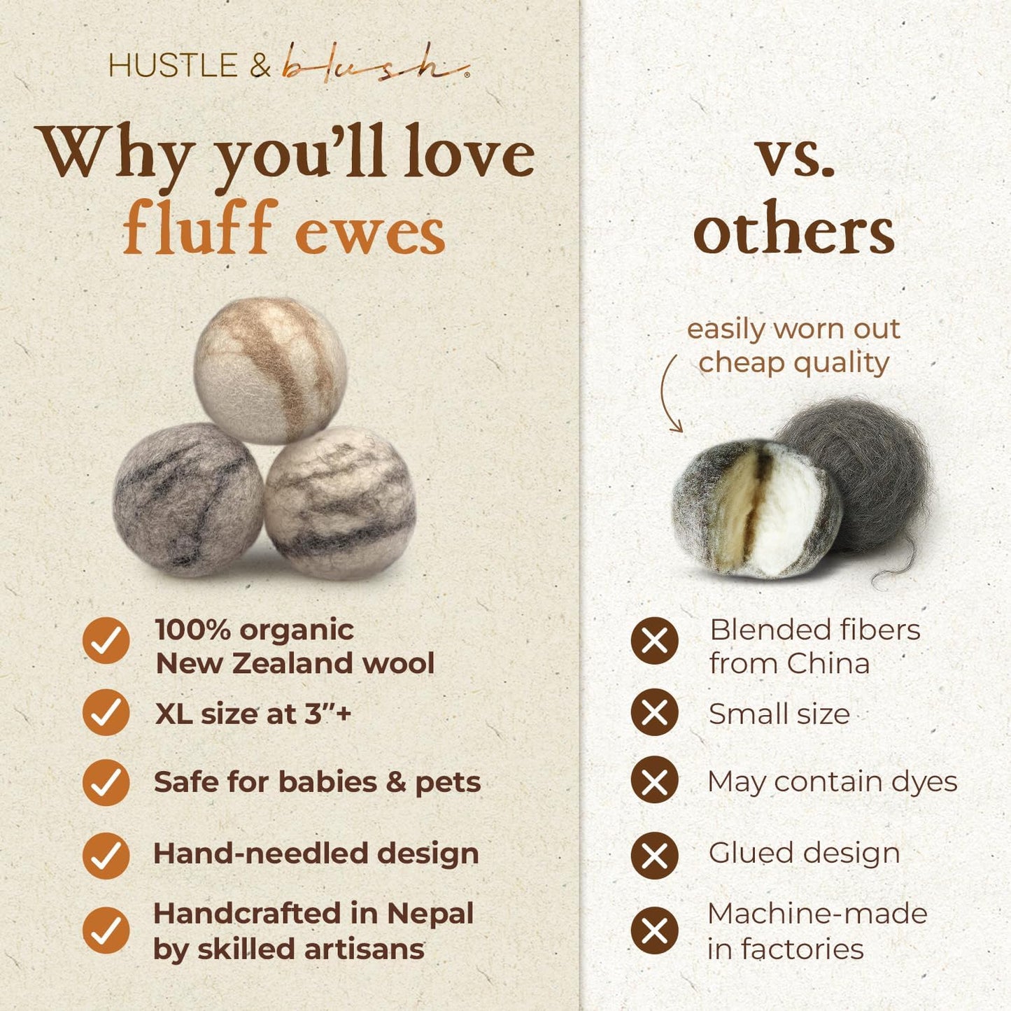 Fluff Ewes Wool Dryer Balls 3 Pack Premium New Zealand Wool Laundry Balls for Dryer, No Static Dryer Balls Laundry Reusable Cute, XL Wool Dryer Balls Cute, Baby Dryer Balls for Dryers - Marble