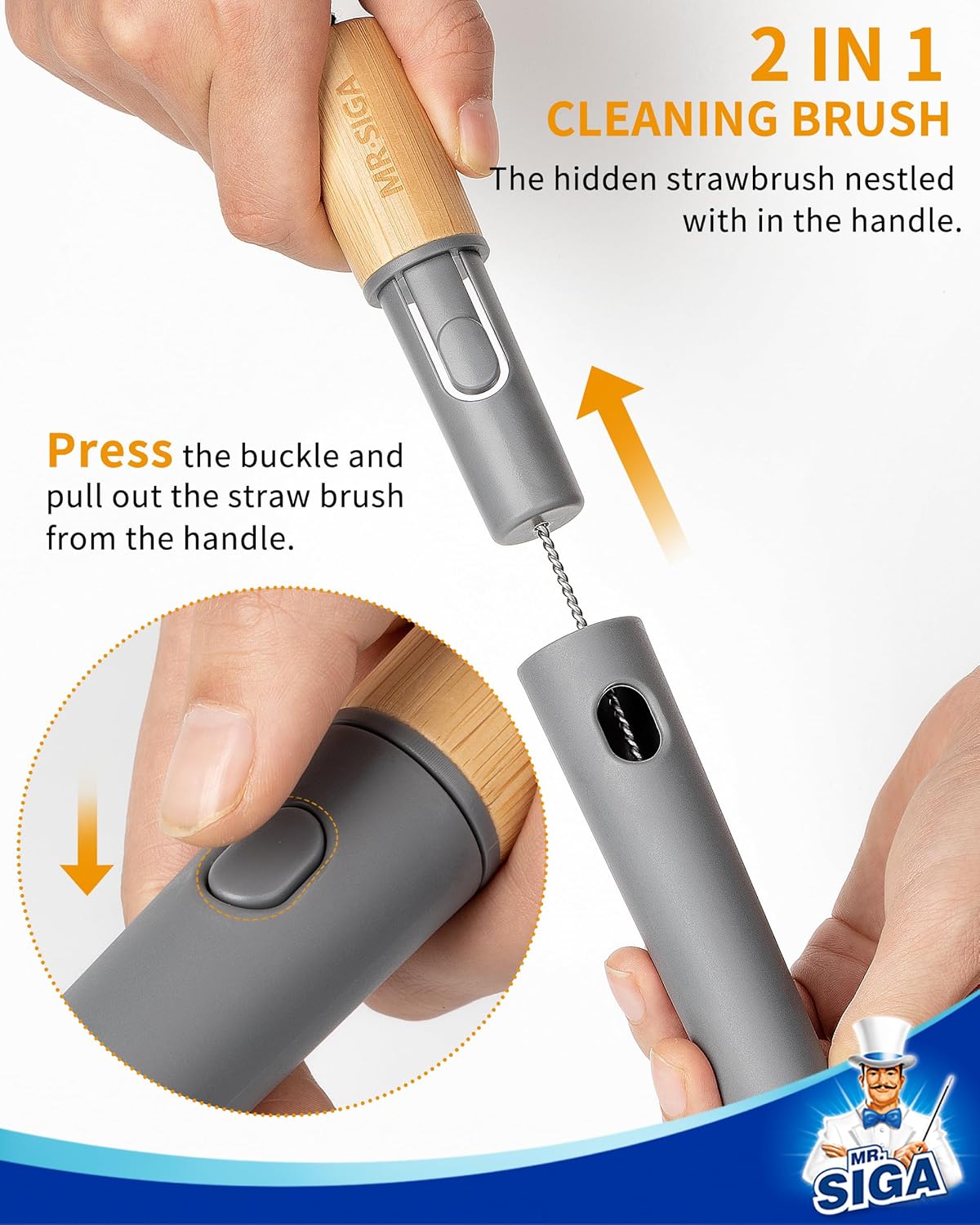 MR.SIGA Water Bottle Brush and Straw Cleaner Brush, Long Handle Bottle Cleaner Brush, 2 in 1 Bottle Cleaning Brush for Sports Bottles, Baby Bottles, Mugs, Straws