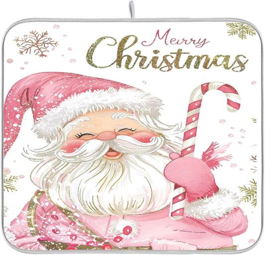 Christmas Santa Claus Pink Dish Drying Mat for Kitchen Countertop 16x18 Xmas Candy Cane Snowflake Small Drying Mat Reusable Quick Dry Dish Sink Mats Easy Clean Decorative Essentials
