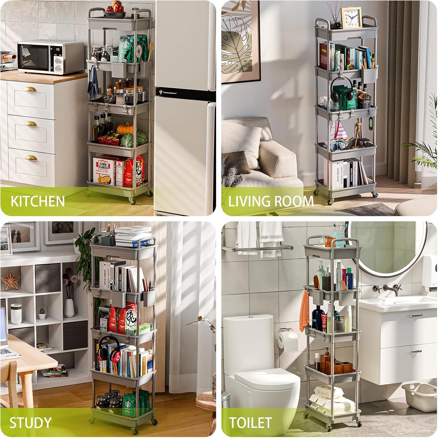 5 Tier Rolling Cart Organizer,Bathroom Cart Organizers with Wheels Laundry Room Organization Mobile Shelving Unit Utility Cart Storage Shelves Multi-Functional for Office, Home(Grey)