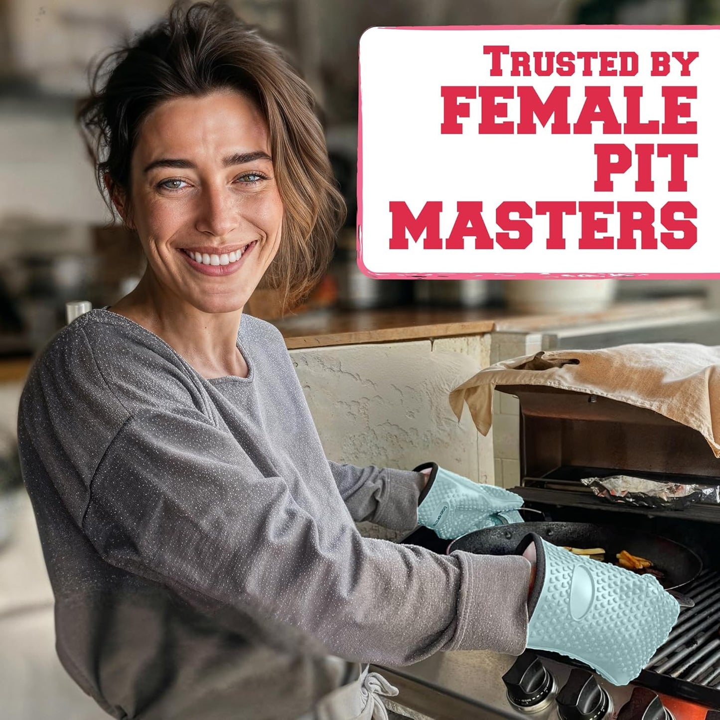 KITCHEN PERFECTION S Silicone Smoker Oven Gloves for Women -Extreme Heat Resistant BBQ Gloves -Handle Hot Food Right on Your Grill Fryer |Waterproof Oven Mitts for Cooking |Superior Set+3 Bonuses