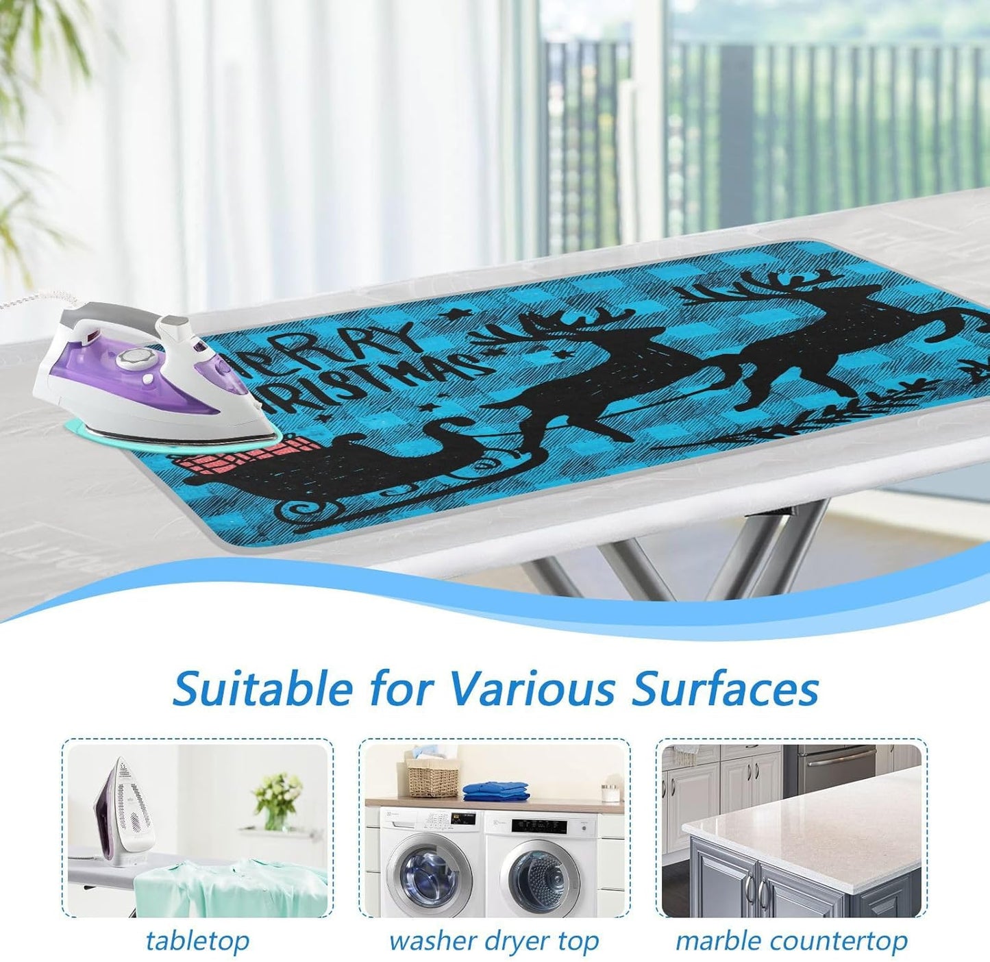 Ironing Mat Portable Ironing Pad Ironing Blanket for Table Top Heat Resistance Double-Side Using Travel Large 47.2 x 27.6 Inch Foldable Lightweight Christmas Check Elk Blue