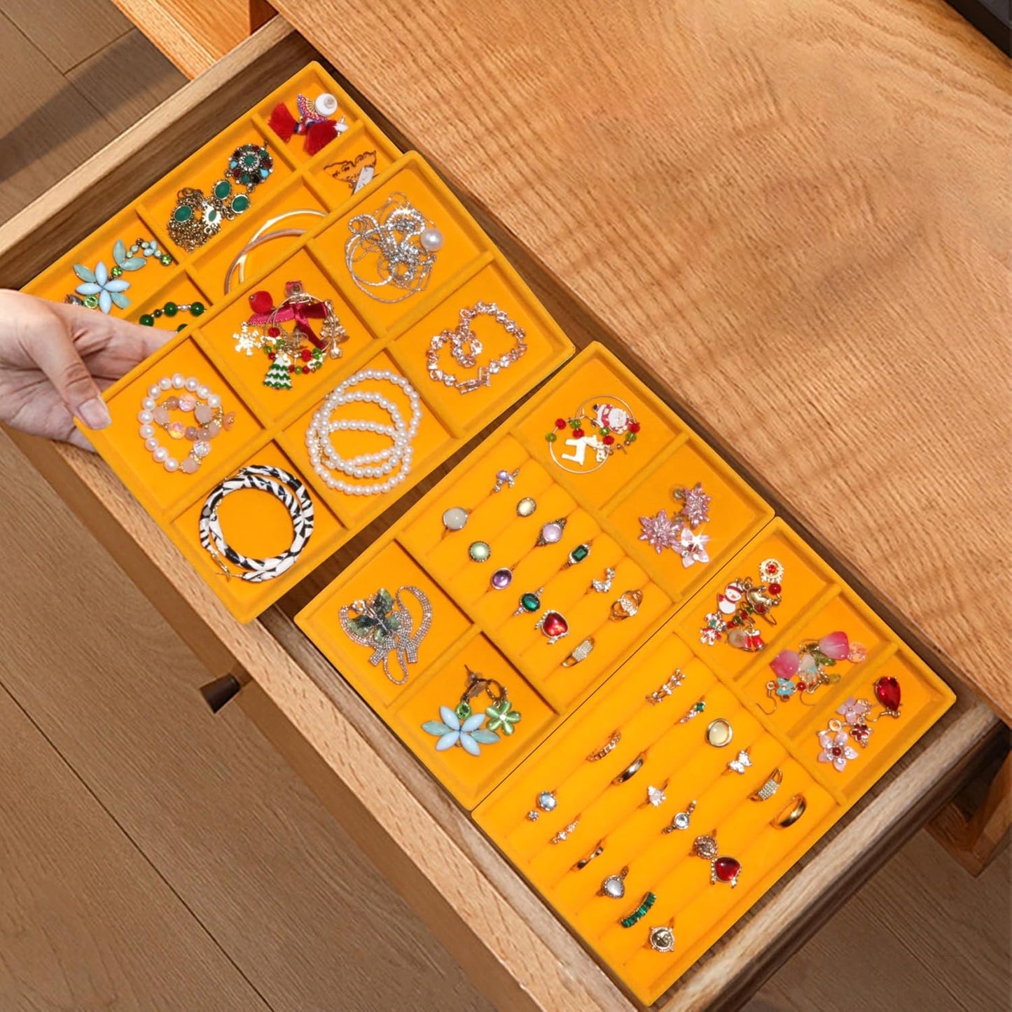 Set of 8 Stackable Velvet Jewelry Trays Organizer Jewelry Display Storage Box Dresser Drawer Organizer for Earring Necklace Bracelet Ring Accessary