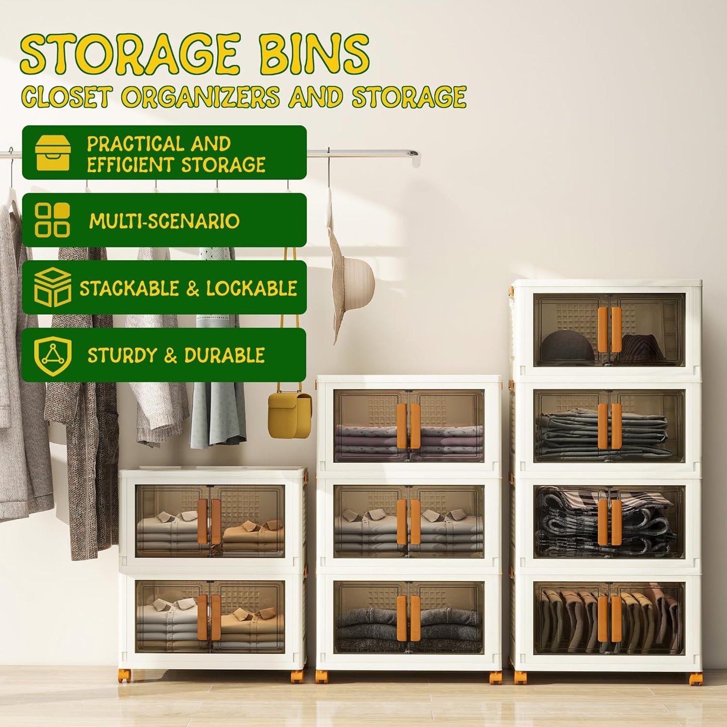 4 Tier Stackable Plastic Storage Bins with 1 Lid 35 QT/Tier, Collapsible Plastic Box Storage Bin with Wheels, Home Containers Boxes Closet Organizers for Living Room, Office, Dorm