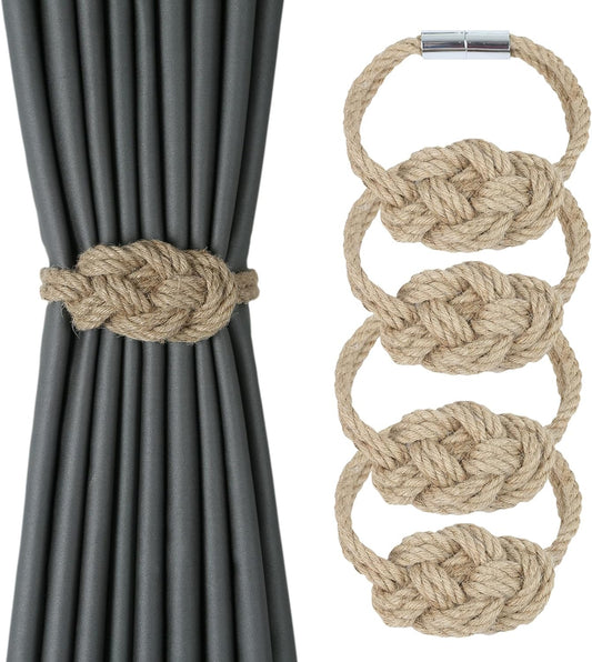4 Pack Natural Jute Magnetic Curtain Tiebacks, Boho Rustic Style Decorative Curtain Ties Backs for