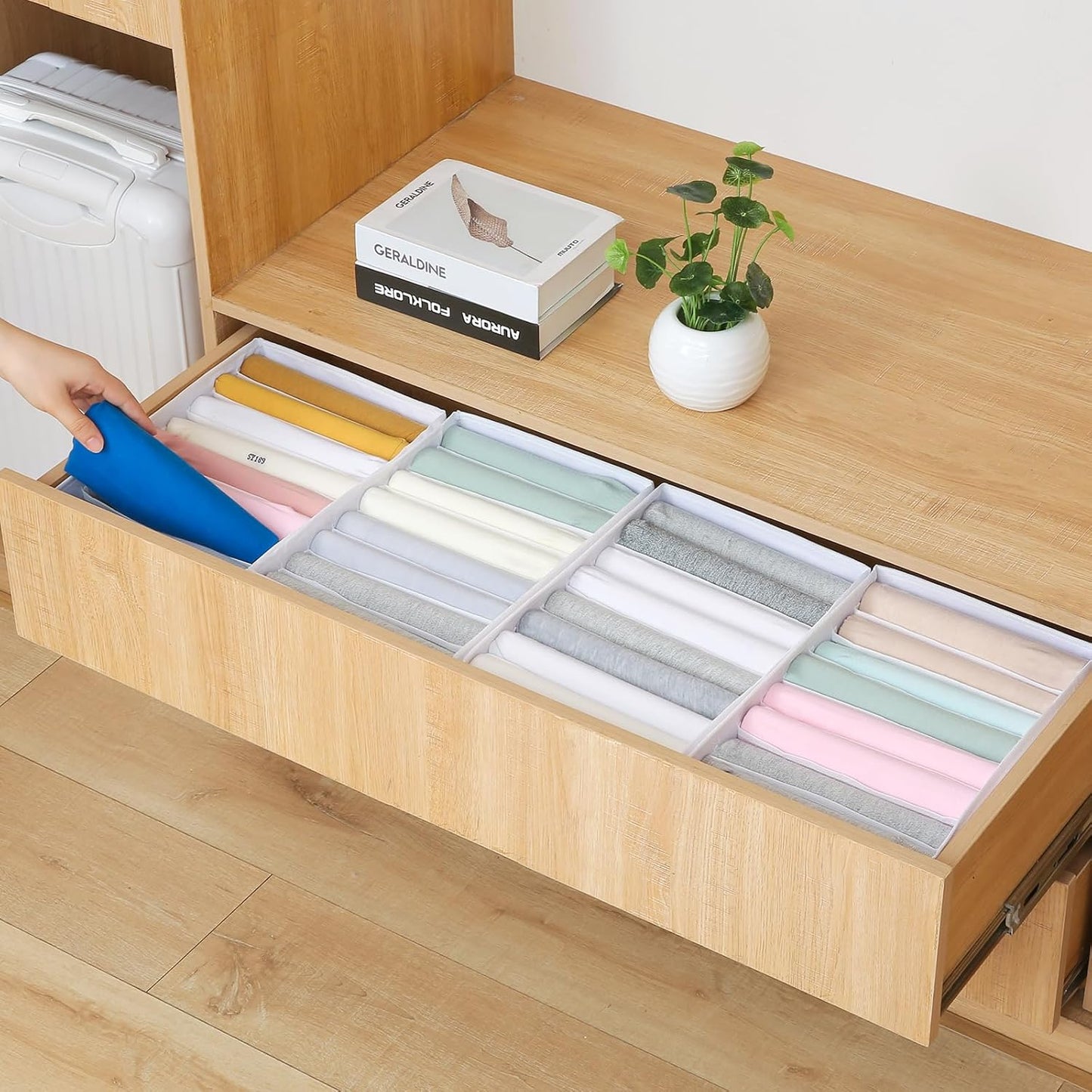 Qozary 4 Pack Drawer Organizers for Clothing, 8 Grids Foldable Closet Organizers and Storage Bins for Bedroom, Dresser Organizer Boxes for Thin T-shirts, Tank Tops (White, Upgrade Height)