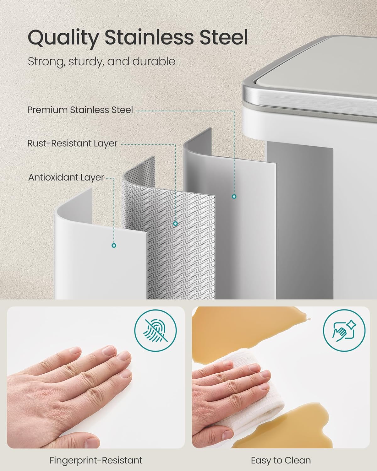 SONGMICS Trash Can, 13-Gallon Gabbage Can, with 15 Trash Bags, Steel, with Soft-Close Lid, Removable Inner Bucket, Handles, Cloud White ULTB595W01V1