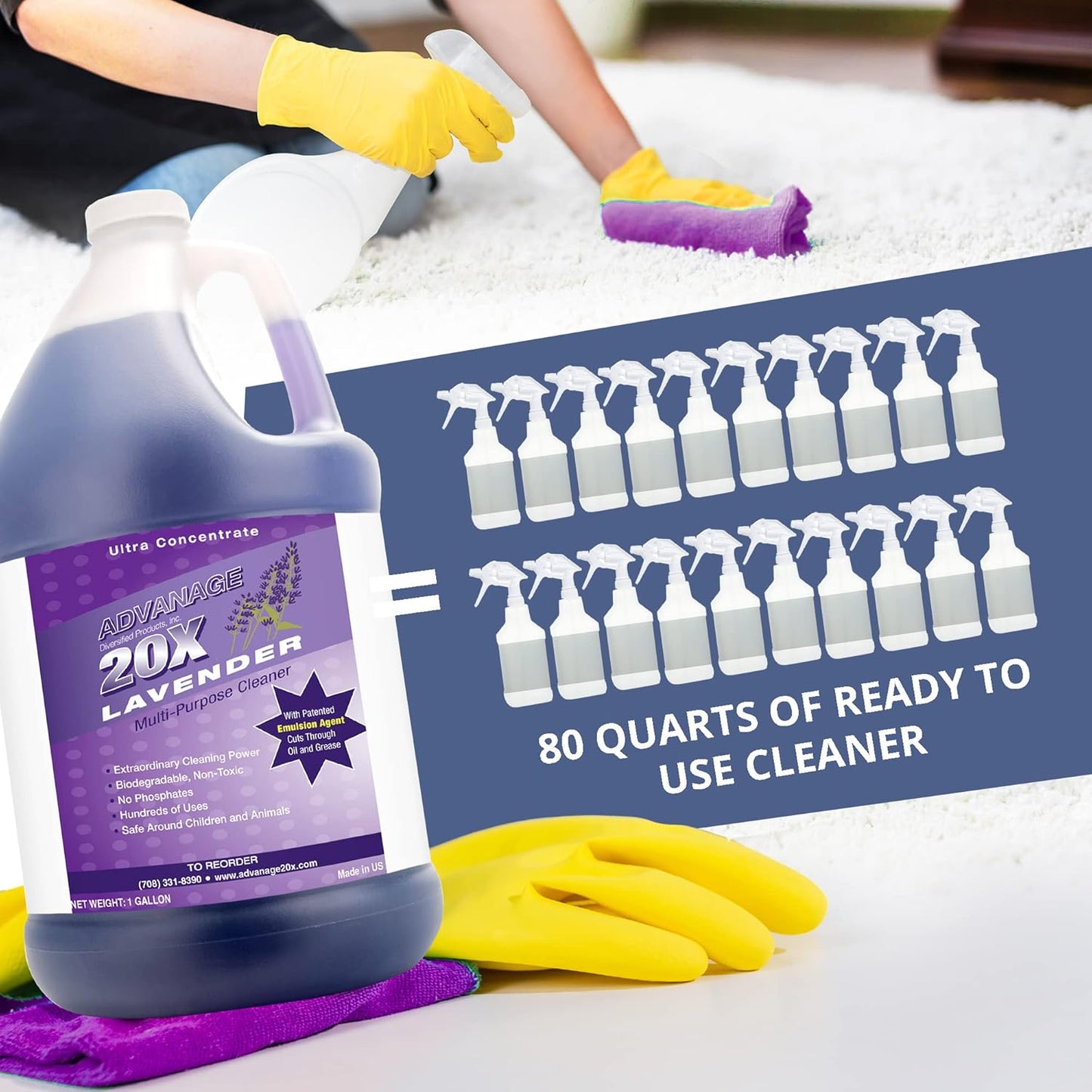 All Purpose Cleaner Concentrate - Advanage 20X The Wonder Cleaner Lavender for All Surfaces Around Bathroom, Kitchen, Oil and Grease, Multi Purpose Cleaner for Household Cleaning Solution | 128 FlOz
