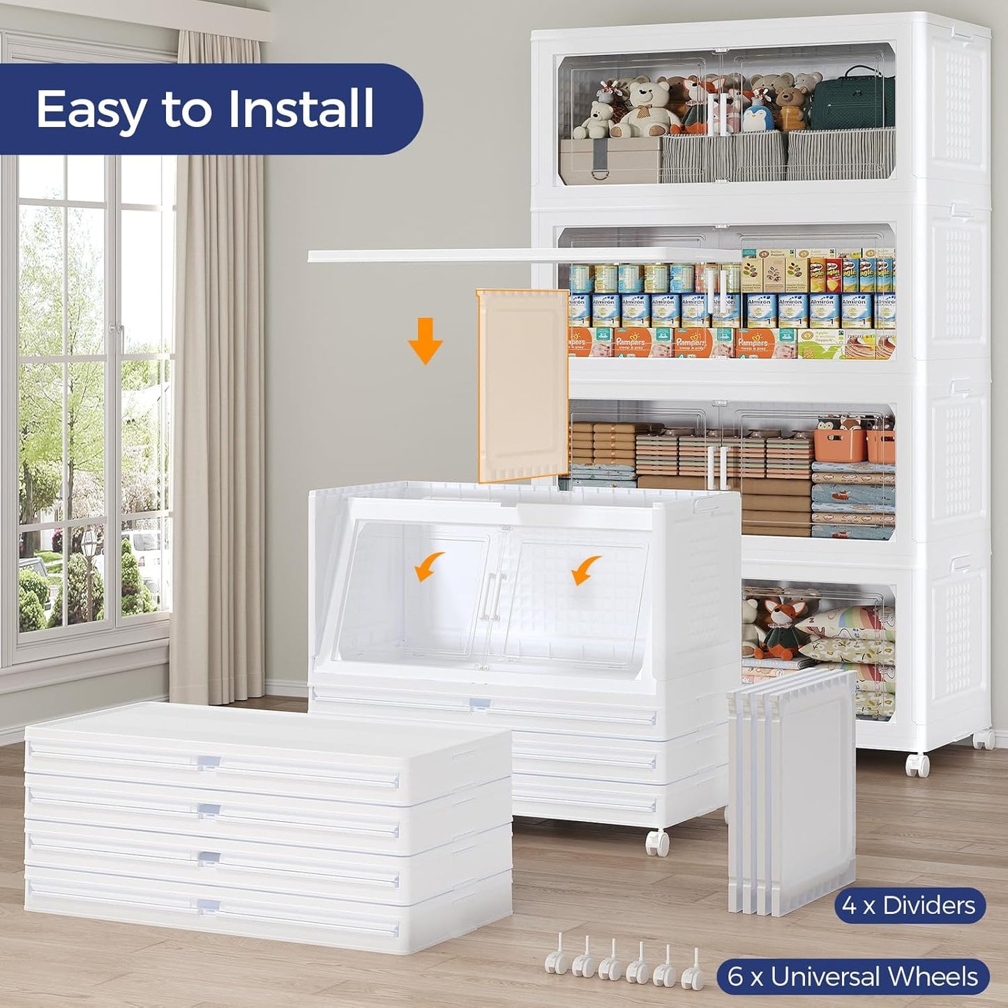 150GAL Storage Bins with Lid and Wheels, Stackable Closet Organizers and Storage Drawer, Collapsible Storage Box with Dividers, Foldable Plastic Cabinets Cubes Totes for Garage, 3 Pack White