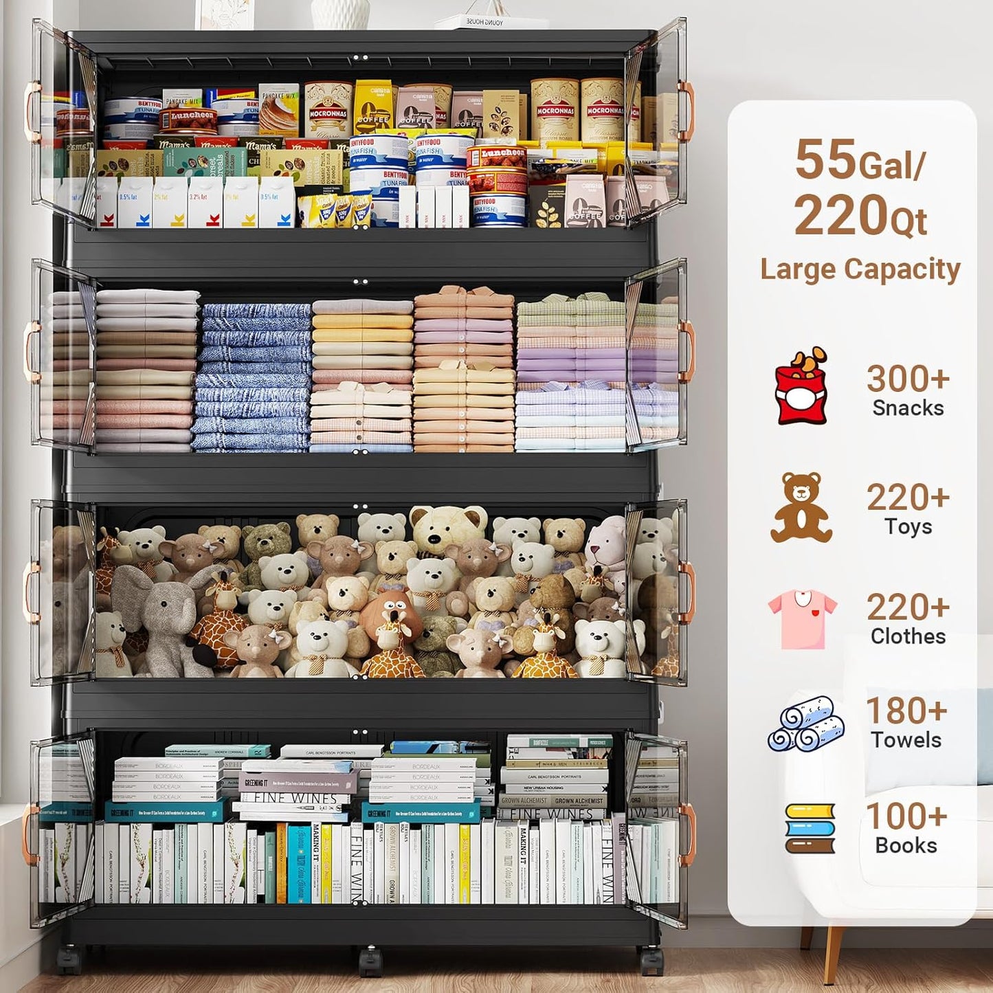 220Gal Plastic Stackable Storage Bins with Lid, 880QT Extra Large Closet Organizers Collapsible Cabinets Boxes With Drawers, Foldable Containers with 6x Wheels for Home Kitchen, V60 4Pack Black