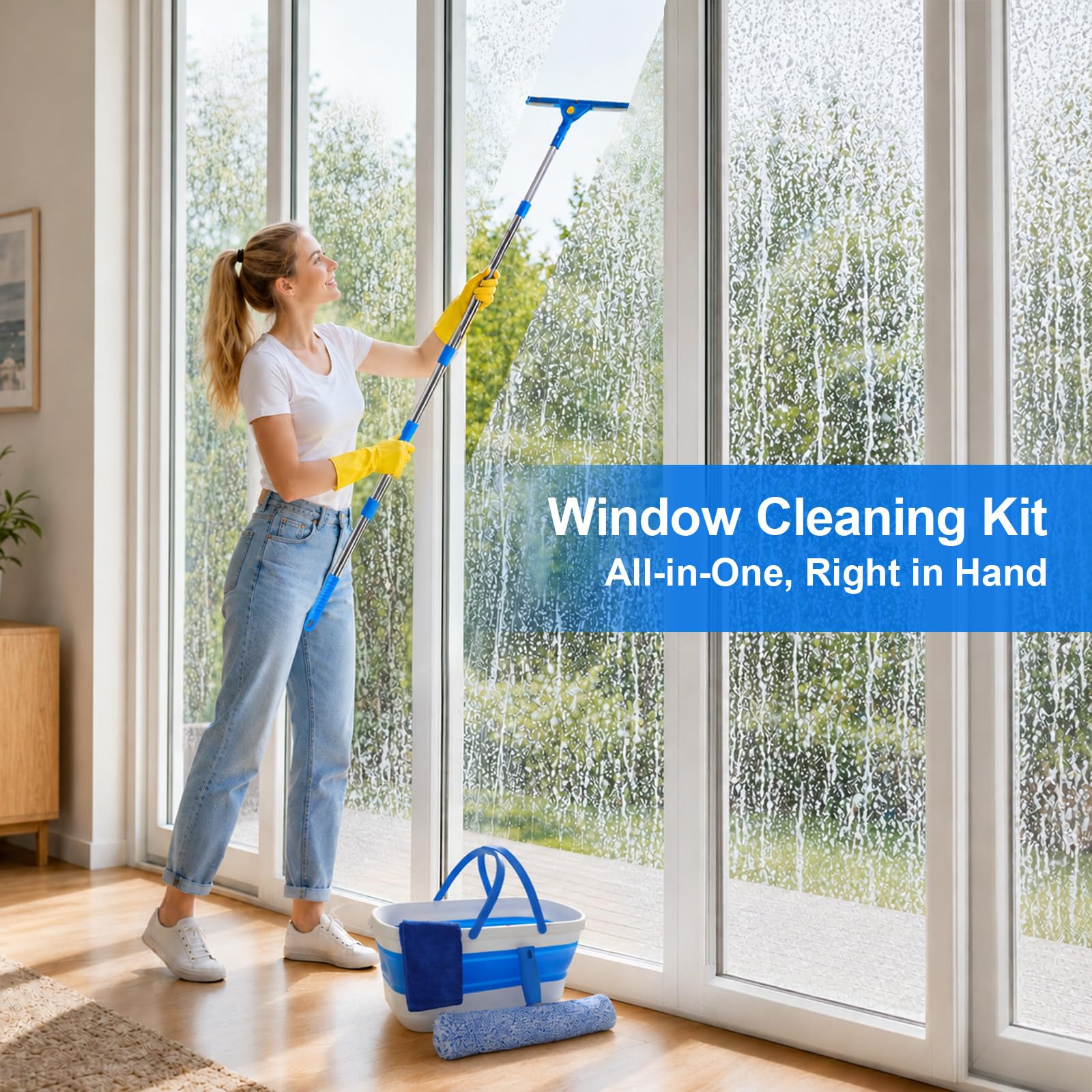 Window Cleaning Kit, Window Washing Kit with 3 Gallon Collapsible Bucket, 14-Inch Squeegee &