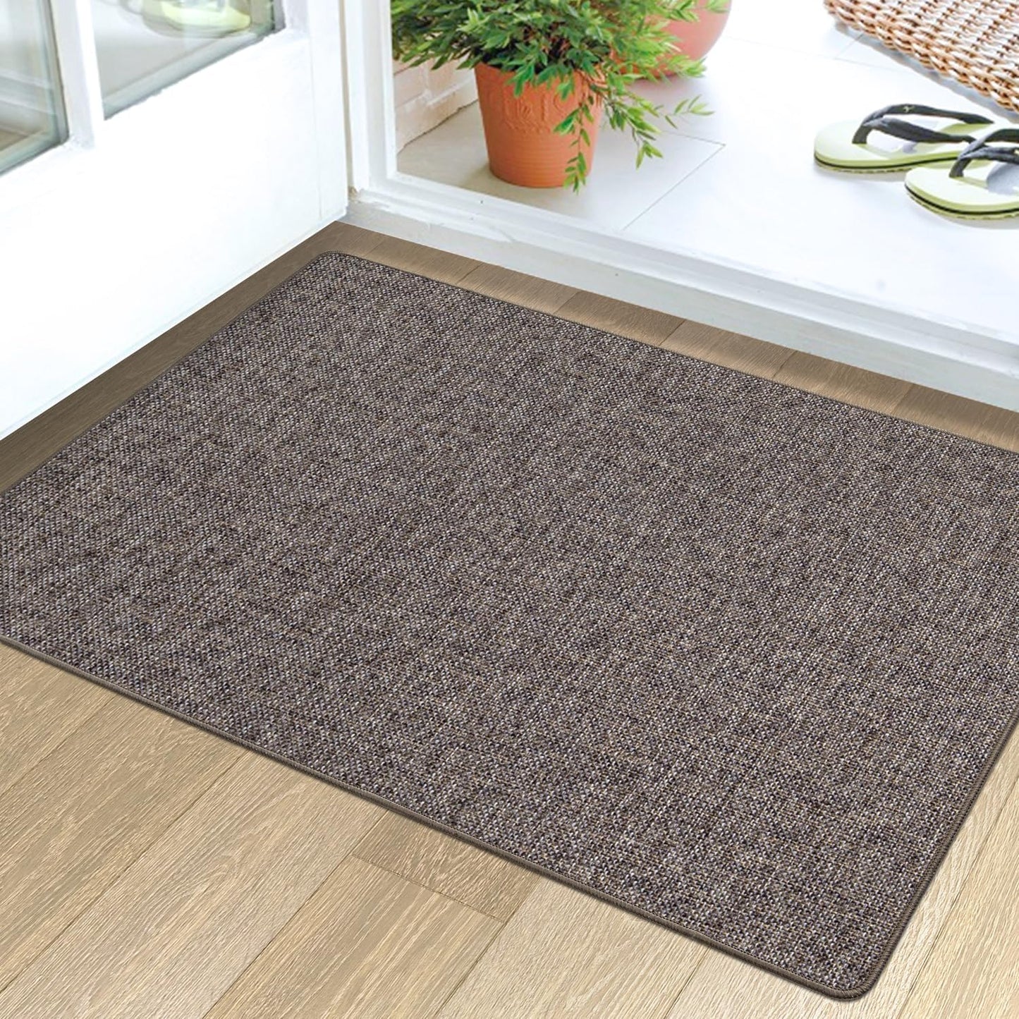 LUMI Ultra Thin Door Mat for Entryway, 24"x36" Low Profile Non Slip Rubber Backing Indoor Doormat, Easy Clean Welcome Entrance Mat for Inside House, Patio, Brown