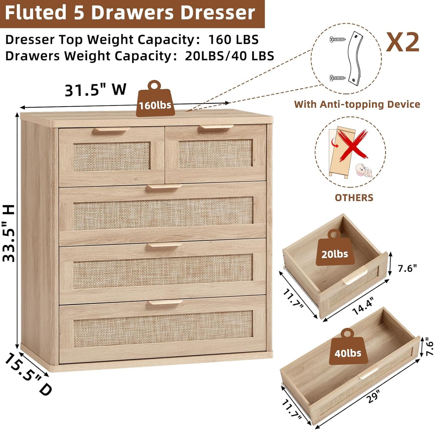 LEYAOYAO Rattan Dresser for Bedroom Set of 2, 33.5" Tall Chest of Drawers, Modern 5 Drawers Boho Dressers with Storage, Light Oak Dresser Wooden Closet Organizer for Living Room, Hallway, Natural Wood