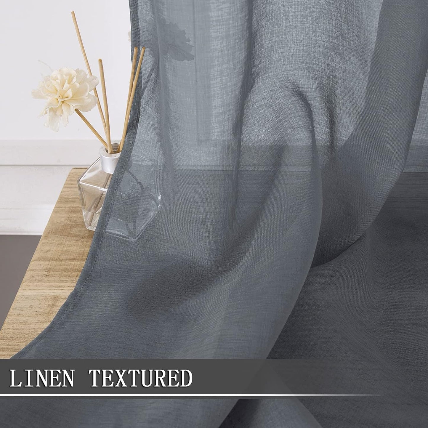 Tollpiz Sheer Curtains Bedroom Linen Textured Curtain Sheers Light Filtering Voile Rod Pocket Curtains for Living Room, 38 x 84 inches Long, Dark Grey, Set of 2 Panels
