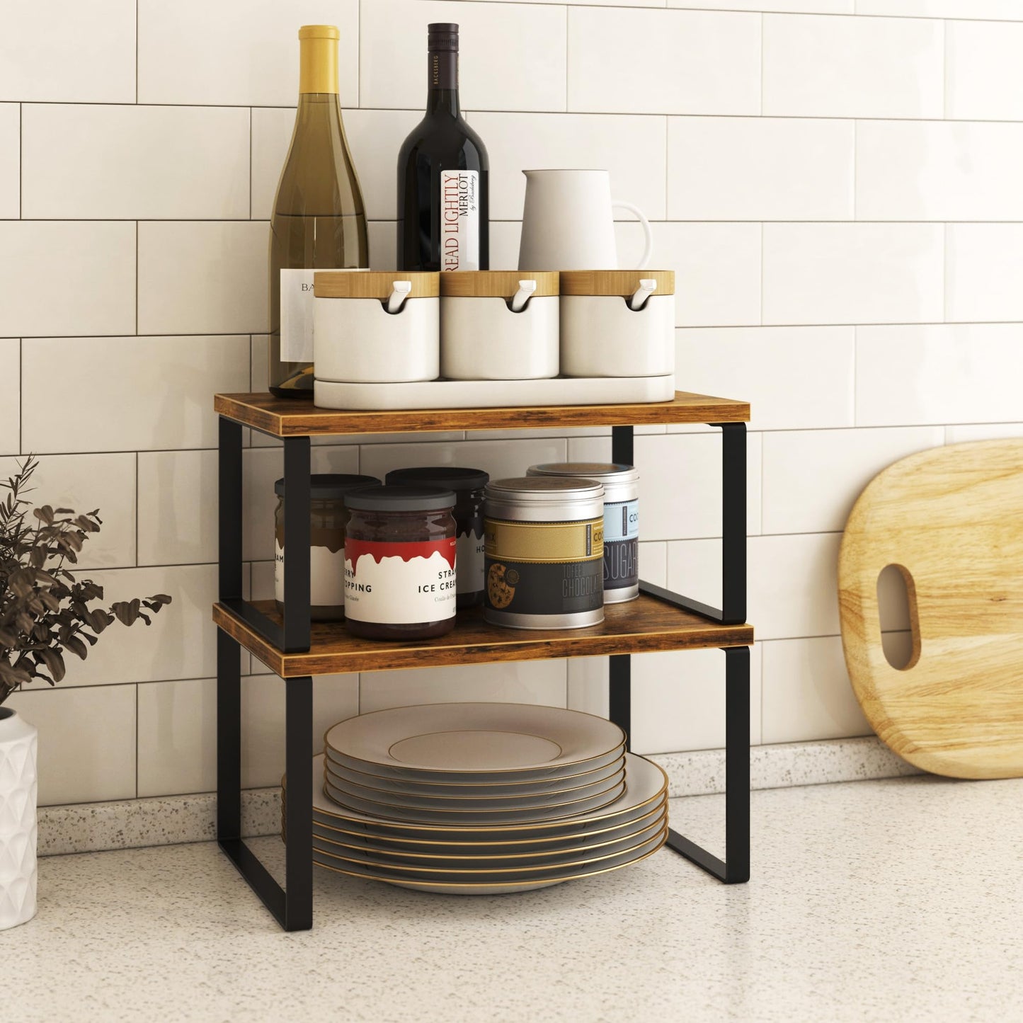 Kitchen Cabinet Organizer Shelf Set of 4, Sturdy Kitchen Counter Shelves with Metal Legs, Stackable