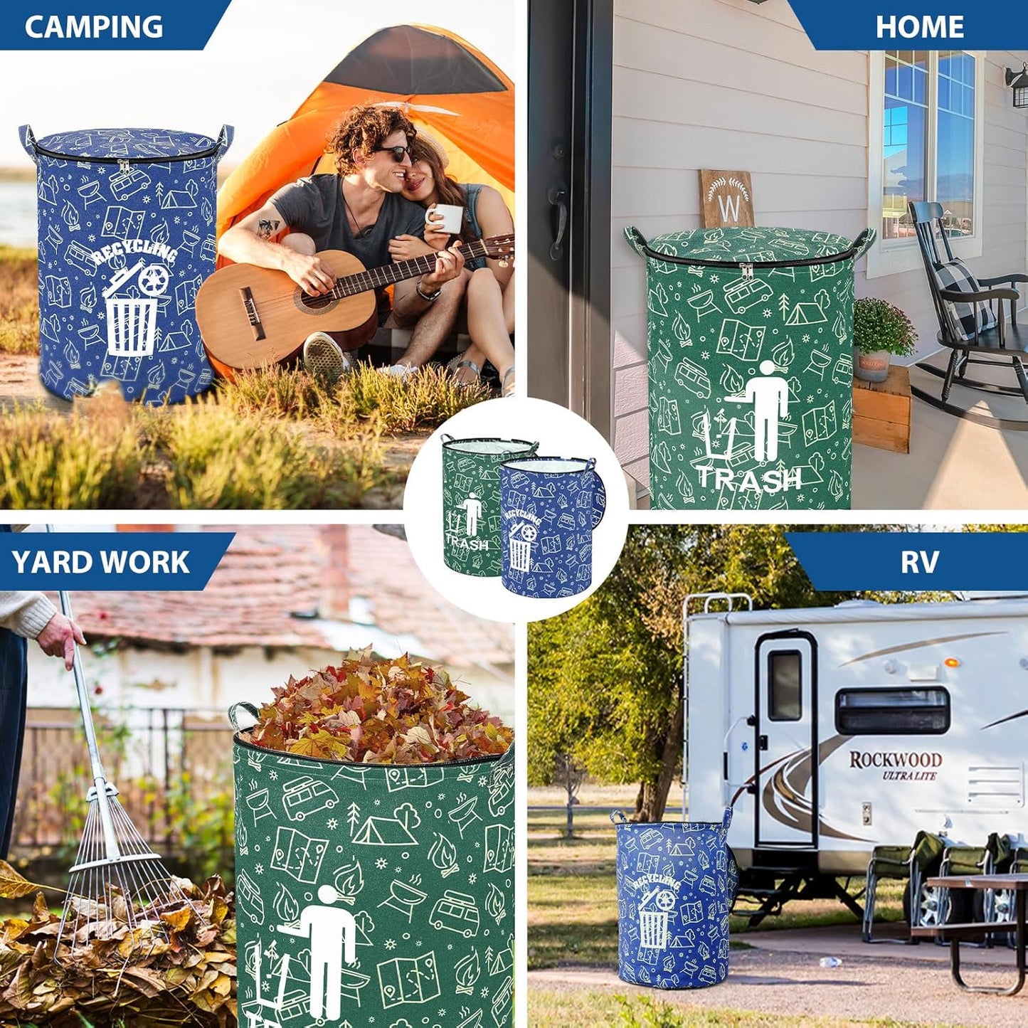 2 Pack Collapsible Trash Can Camping with Zippered Lid Foldable Storage Bin Portable Garbage Can for Outdoor Camping RV's Yard Waste (Trash and Recycling Style)