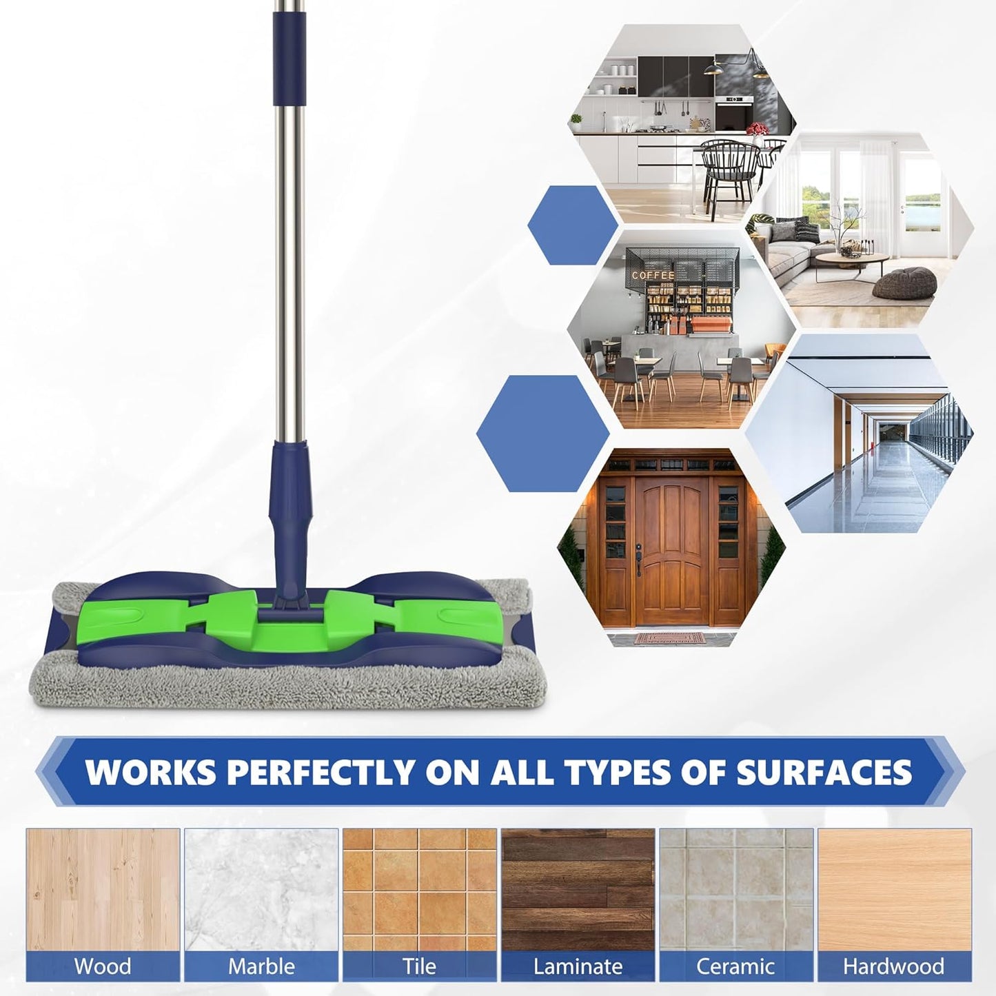 MEXERRIS Microfiber Mops for Hardwood Laminate Tile Floor Cleaning: Stainless Steel Handle - 4 Reusable Flat Mop Refills and 1 Dirt Removal Scrubber Included - Dry Dust Mop Commercial Home Use