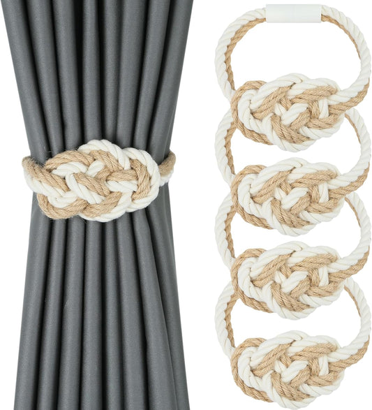 4 Pack Natural Jute Magnetic Curtain Tiebacks, Boho Rustic Style Decorative Curtain Ties Backs for
