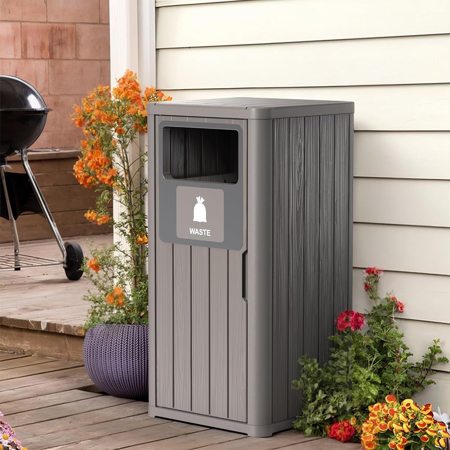 Outdoor Single Barrel Trash Can,Waterproof Resin Garbage Can with Garbage Labels,Durable Waste Bin for Porch, Backyard,Kitchen,for 30 to 39 Gallon Trash Bags