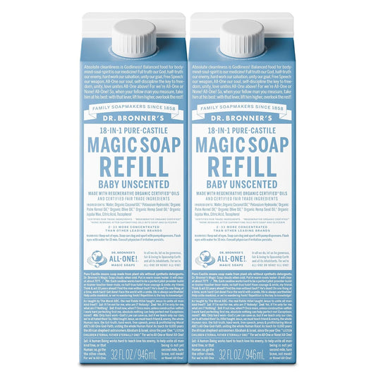 Dr. Bronner's Magic Soap-Pure-Castile Liquid Refill (Baby Unscented, 32 ounce, 2-Pack) - Made with Regenerative Organic Certified Oils, For Body, Hair, Laundry, Pets & Dishes, Concentrated, Vegan
