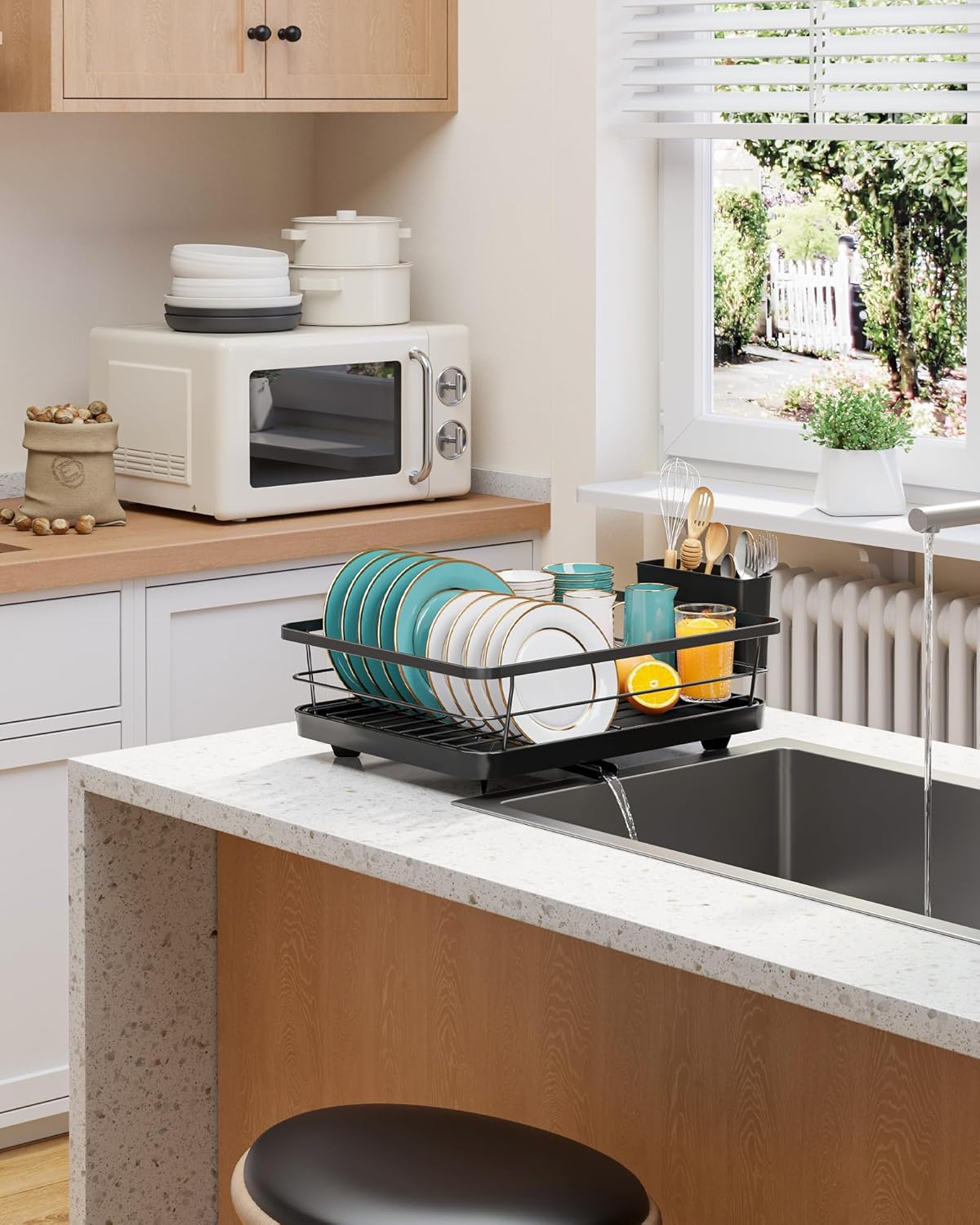 Stainless Steel Dish Drying Rack for Kitchen Counter, Sink Organization and Storage Essentials with Silverware & Utensil Holder, Home and Apartment Decor, 12''W x 15.6''L, Black