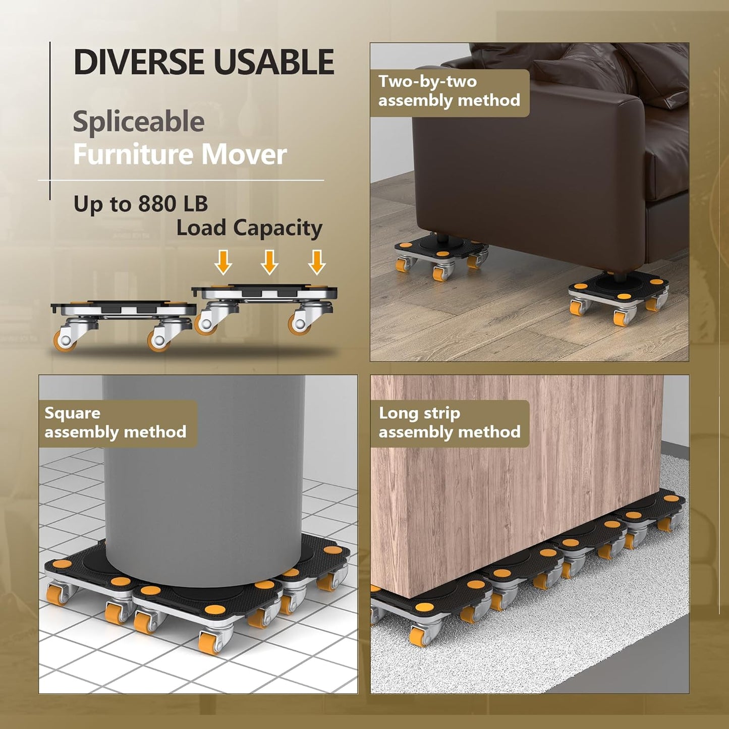 ONEON Furniture Mover Pro - 4Pack Enhanced Dollies with Custom TPE Wheels - Effortless Heavy Furniture Transport (Black: 4 Dollies Only)