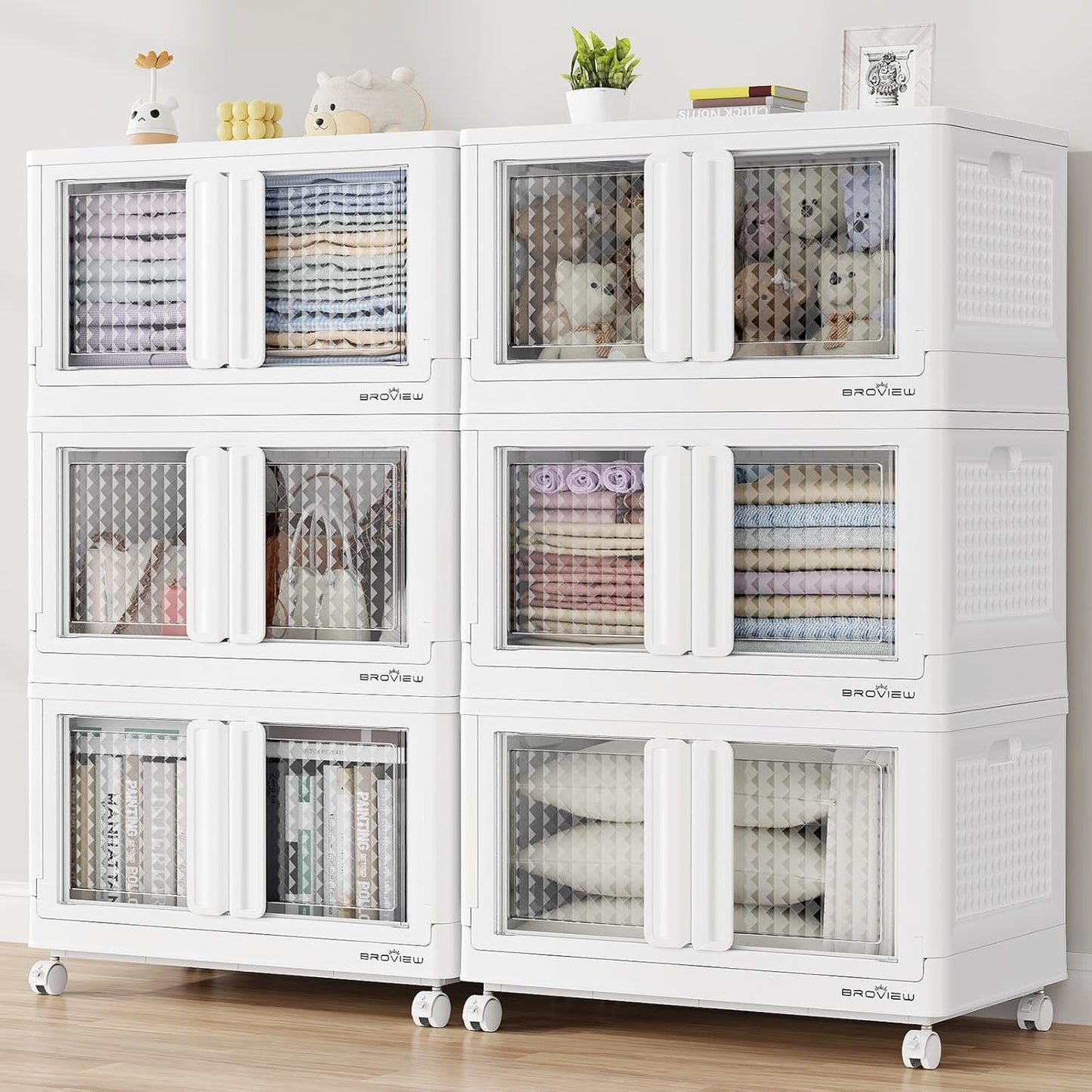 BROVIEW 120Gal Stackable Storage Bins with Lids & Wheels, 480Qt Plastic Collapsible Closet Organizer and Storage Drawers, Storage Boxes Cabinets for Home, Office, 6 Pack, White