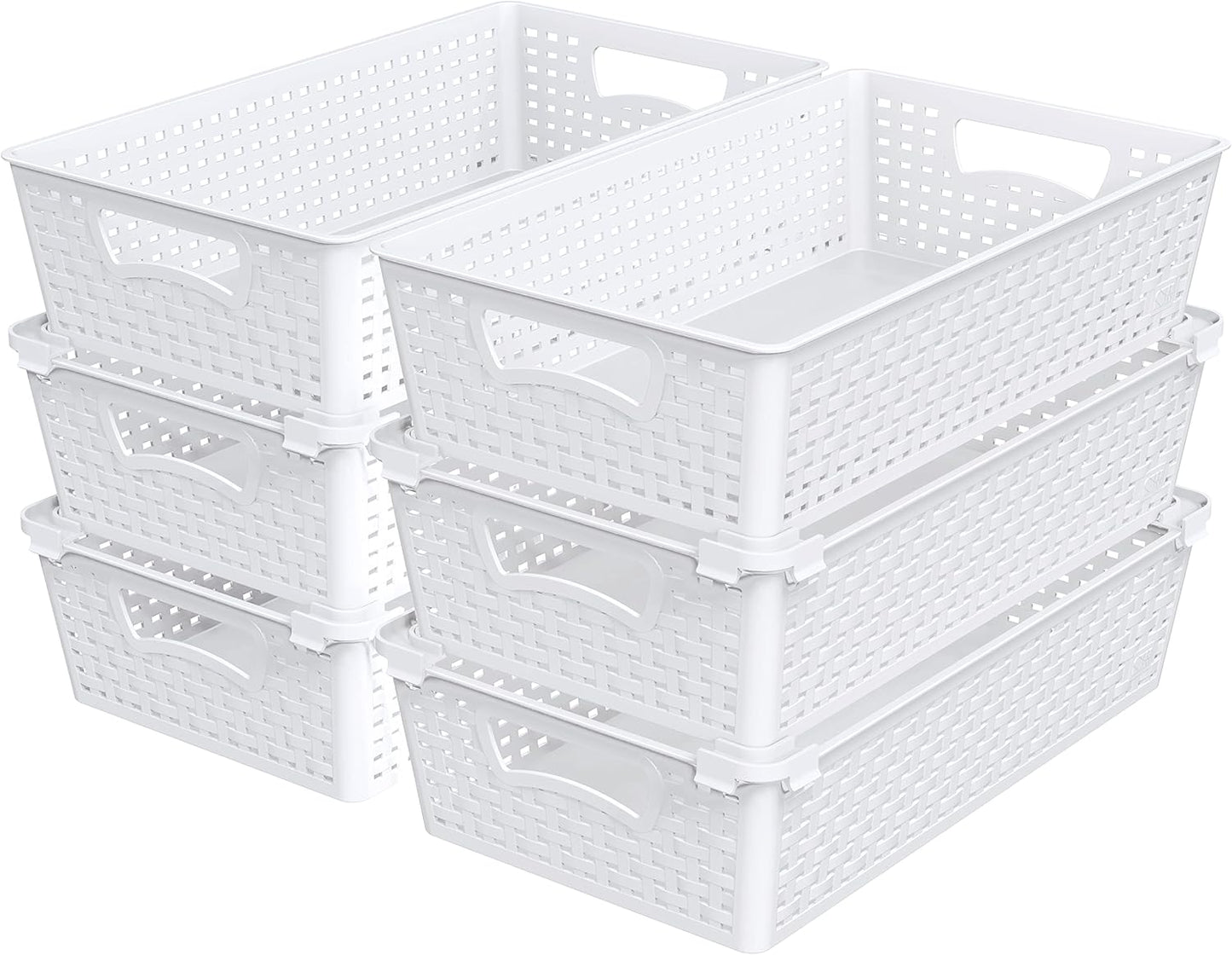Simple Houseware Plastic Stackable Storage Basket Pantry Organizer, 6 Pack, 14.5" x 8.5" x 3.5", White