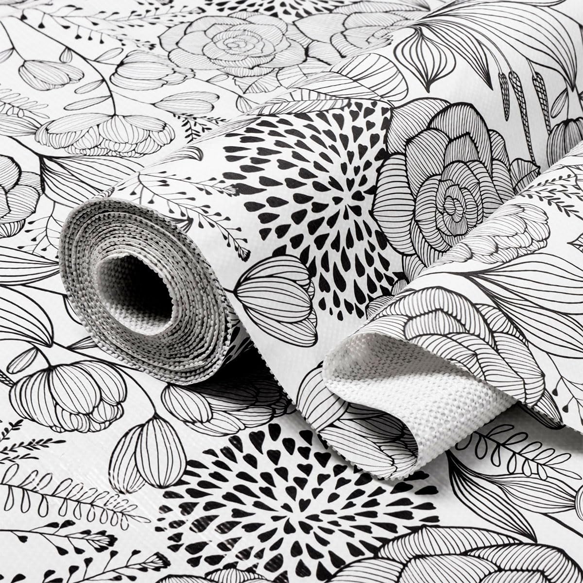 Shelf and Drawer Liner for Kitchen Cabinets, Non-Adhesive and Strong Non-Slip Floral Shelf Cabinet Drawer Liners, Waterproof Thickened Shelf Liner,Easy to Clean,Black and White,12IN x 10FT