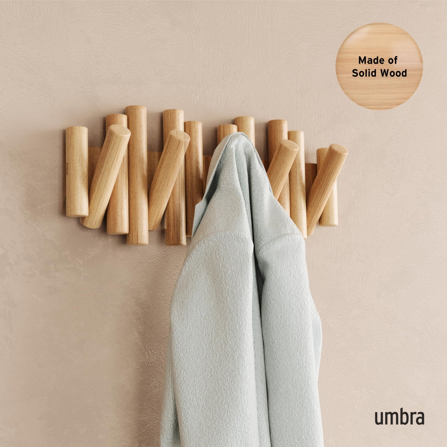 Umbra Picket Coat Rack, Wall Mount 5 Flip-Down Coat Hooks, Natural