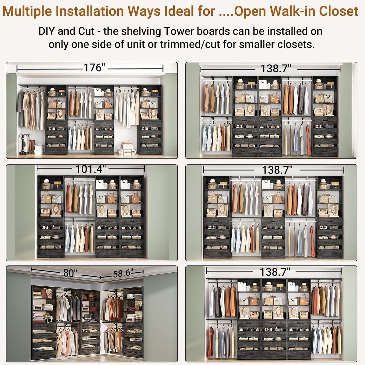 Aheaplus Closet System Set of 3, 138.5" Wood Closet Organizer System Tower with 12 Drawers & 4 Hanging Rods, 6.7+4.85Ft L Shaped Walk-in Closets Wardrobe Organizer Garment Rack with Shelves, Black Oak