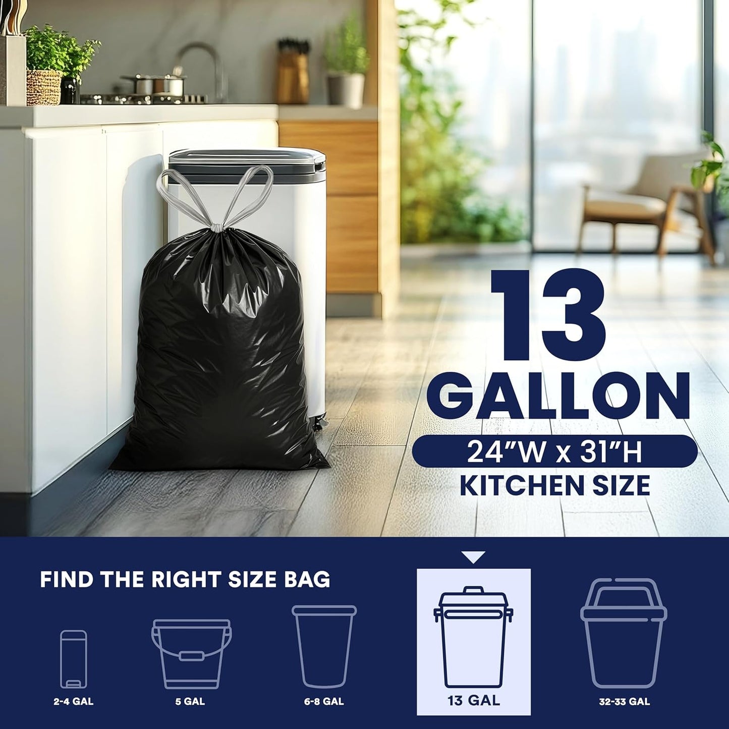 Plasticplace 13 gallon Extra Tall Drawstring Kitchen Trash Bags | Black 1.2 Mil, 24"W x 31"H (200Count)