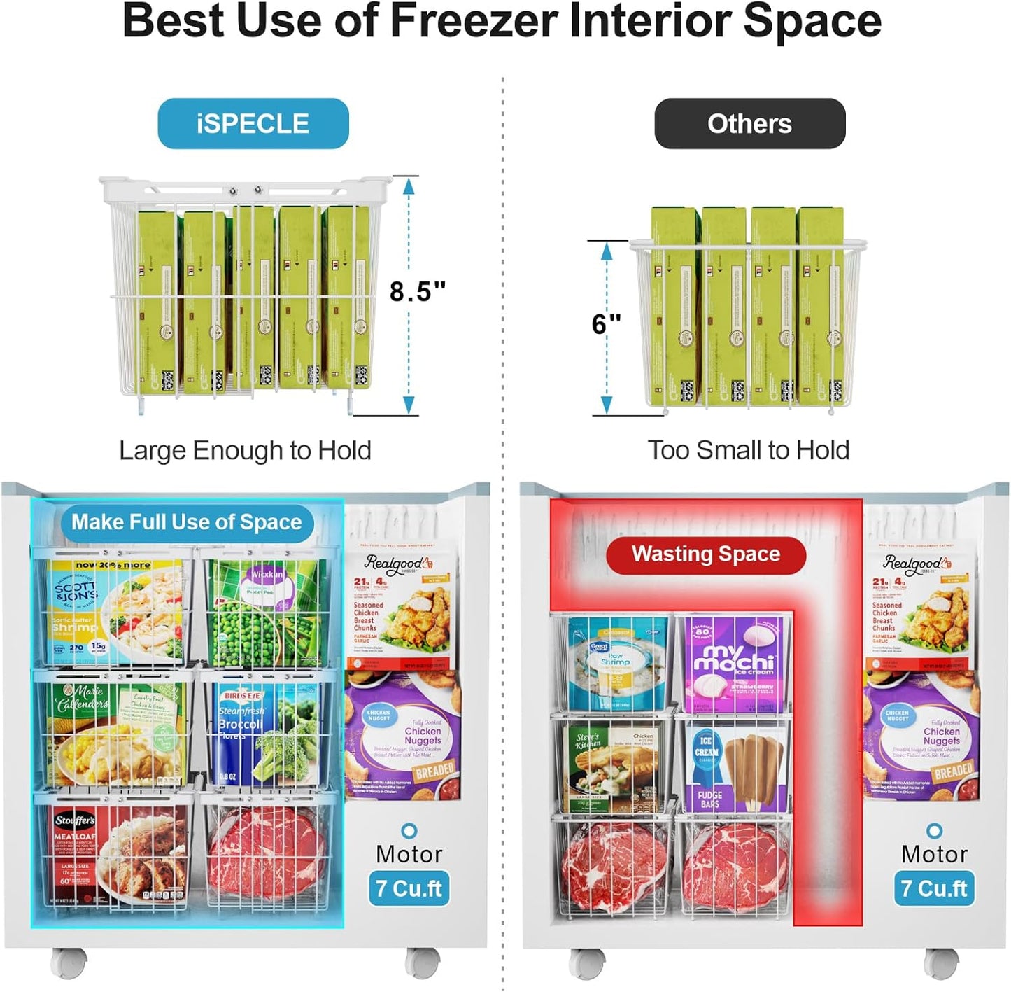 iSPECLE Freezer Organizer Bins - 3 Pack Adjustable Chest Freezer Organizer Bins for 5 to 9 Cu.Ft Deep Freezer, Extra Large & Easy Organize Basket Store More, Stackable No Wasted Space, White