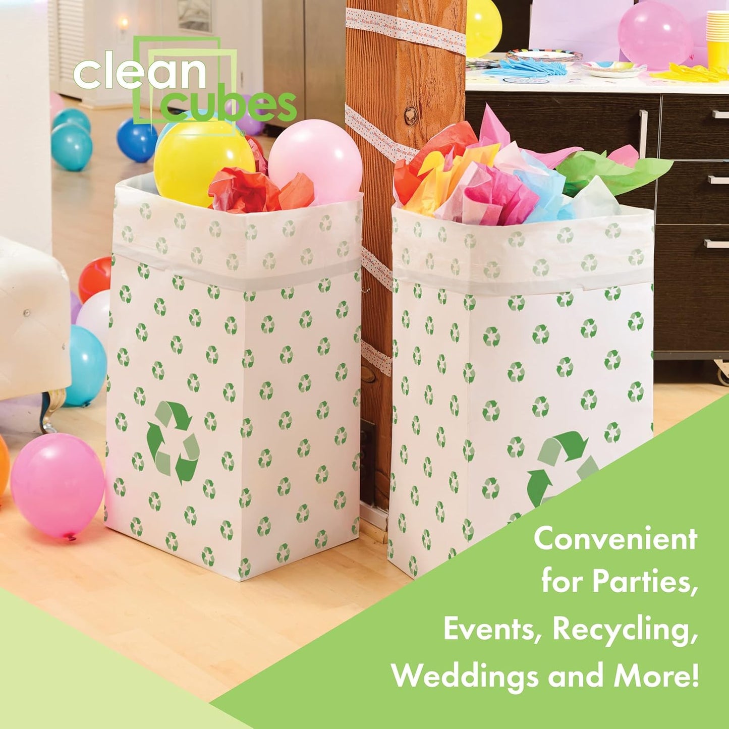 30 Gallon Disposable Pop-Up Trash Cans (3-Pack) with Fitted Bags – Foldable Garbage & Recycling Bins for Parties, Events & Kitchen (Recycle, 30" H x 14" W x 17" D)