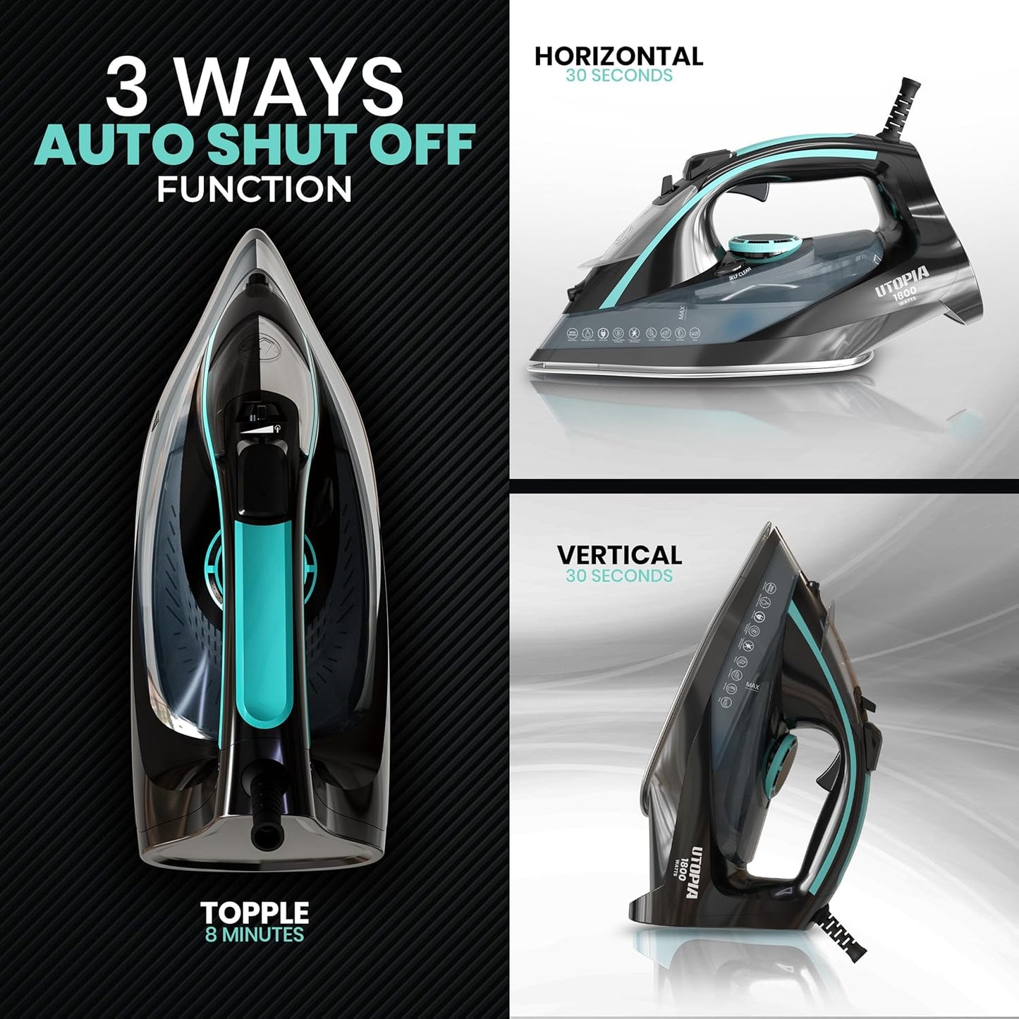 Utopia Home Steam Iron for Clothes - Non-Stick Soleplate - 1800W Clothes Iron With Auto-Off Safety Feature - Adjustable Thermostat Control, Variable Steam Control, Self-Clean, 8 Feet Cord (Black/Teal)