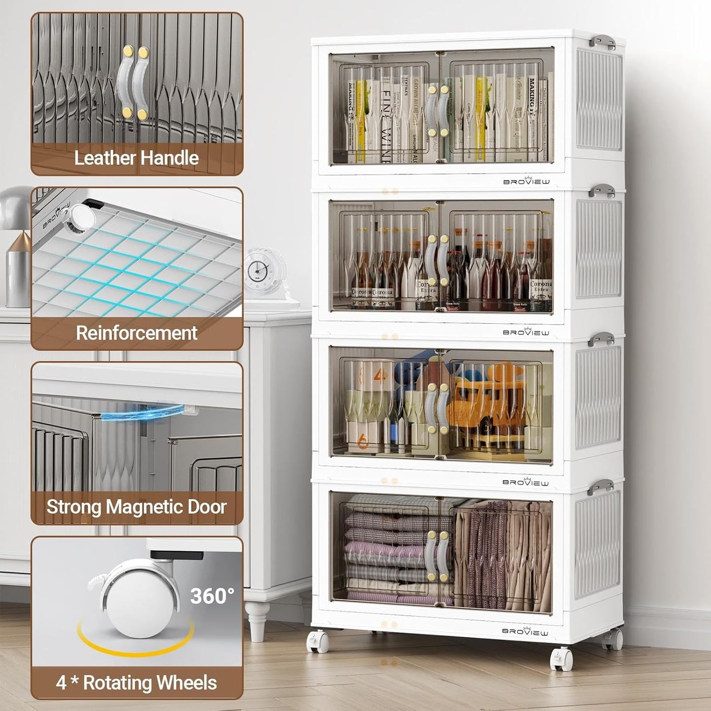 BROVIEW 240Qt Stackable Storage Bins with Lid, Extra Large Closet Organizer Collapsible Drawer Boxes with Wheels, Folding Plastic Cabinet Containers for Home Kitchen Room Organization, 4Pack White