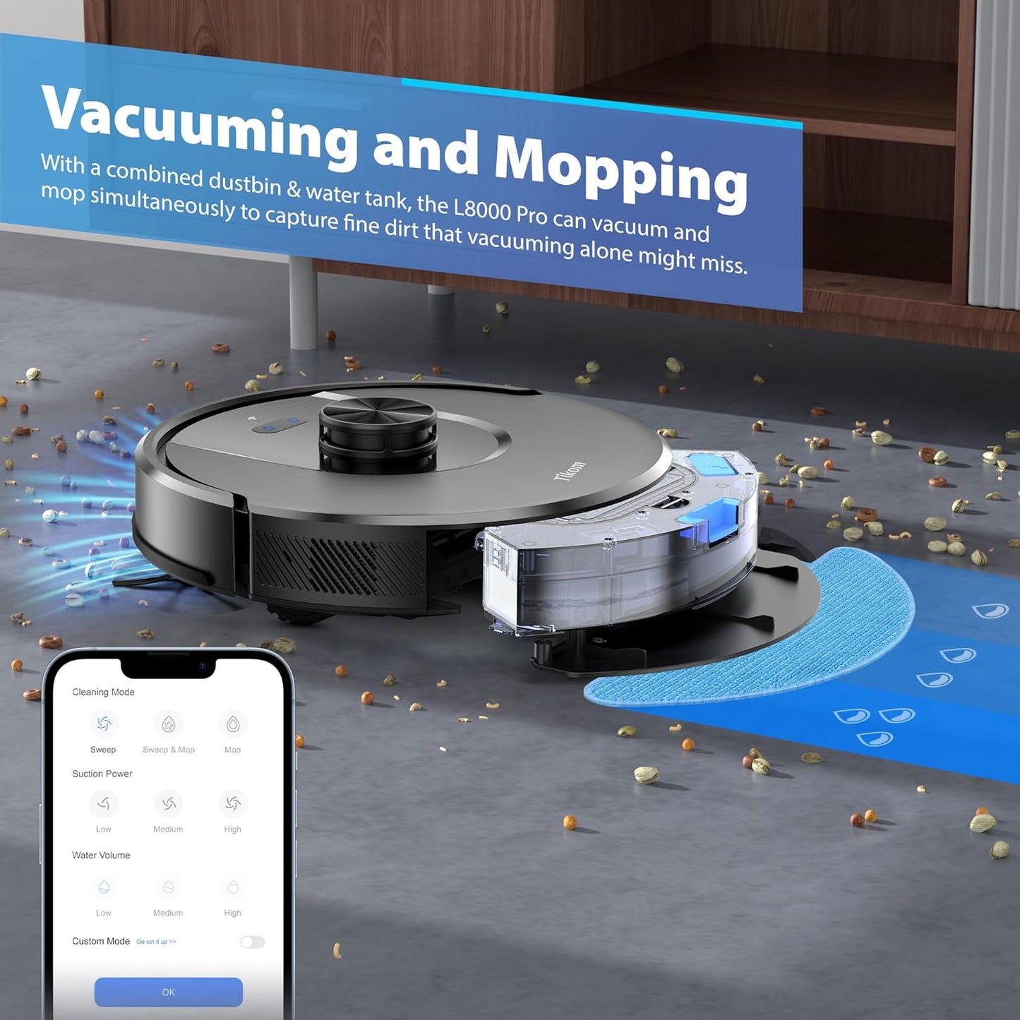 Tikom Robot Vacuum and Mop Combo, 6000 Pa Automatic Robotic Vacuum Cleaner, Smart Mapping, 150 Min Max, Ideal for Pet Hair, Hardfloors, Carpets, Home(L8000 Pro)