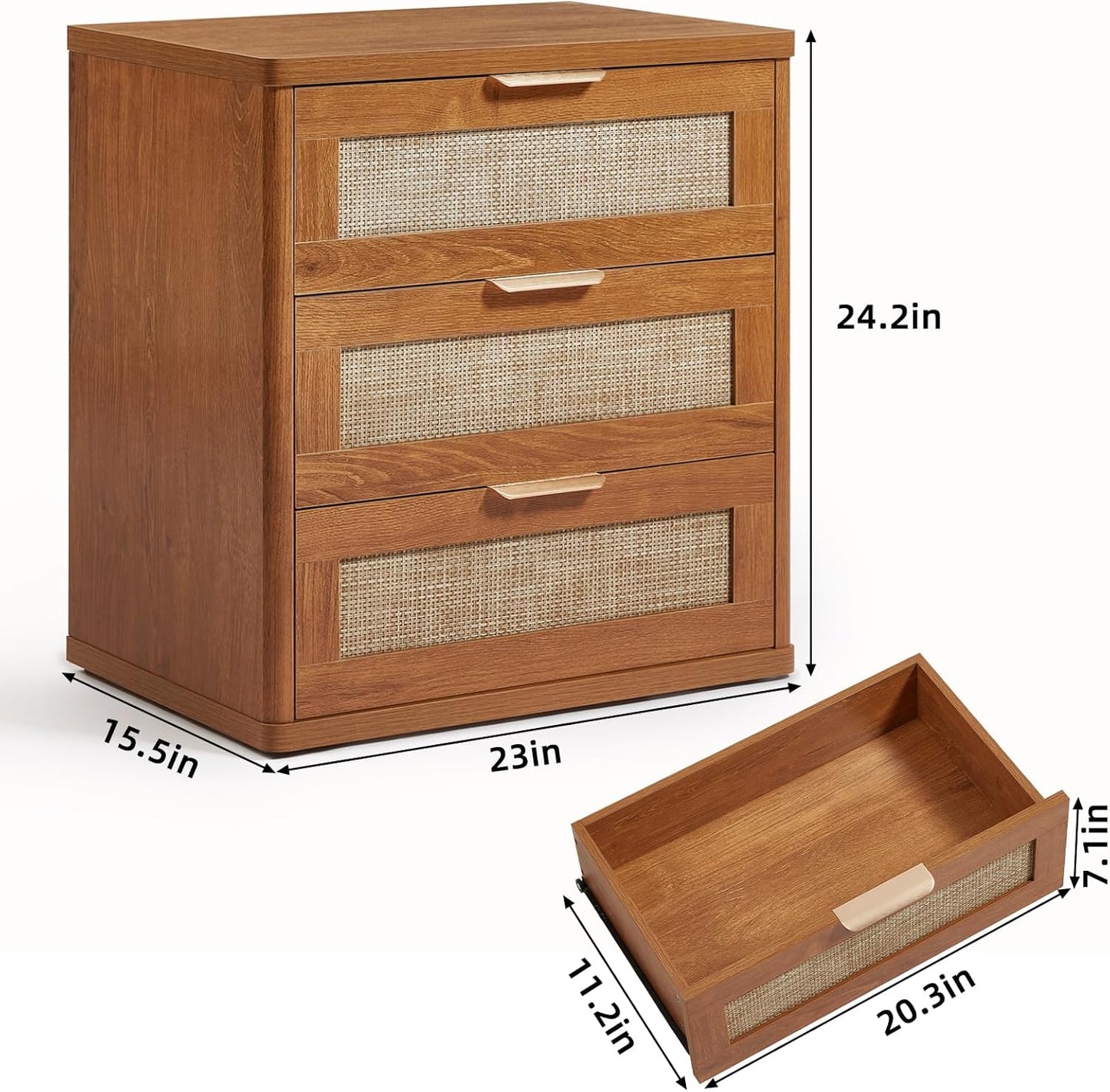 LEYAOYAO Rattan Night Stand with Drawers, 23" Large 3 Drawer Boho Nightstand, Natural Wood Bedside Table Storage Cabinet, Bed Side End Tables Dresser for Bedroom, Living Room, Hallway, Closet