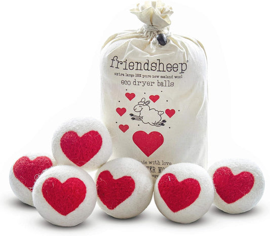 Friendsheep Wool Dryer Balls Red Heart 6 Pack XL Organic Premium Reusable Cruelty Free Handmade Fair Trade No Lint Fabric Softener - One Love
