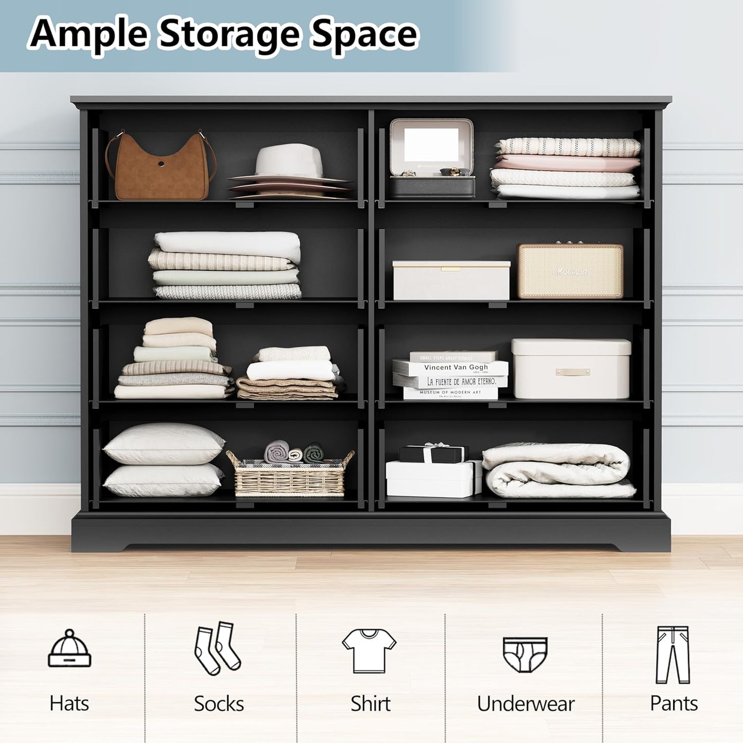 8 Drawer Dresser for Bedroom, 47" Wide Wooden Chest of Drawers, Rustic Farmhouse Dresser with Large Drawers & Metal Handles, Modern Storage Organizer for Closet, Living Room, Hallway, Black