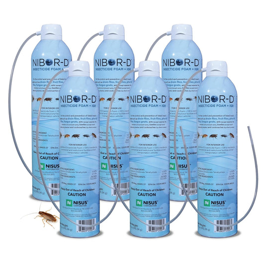 Nibor-D Insecticide Foam with IGR, Ready-to-Use for Fly and Cockroach Control, 360 Degree Application, Includes 17" Hose, (6 Pack, 21 oz Can)