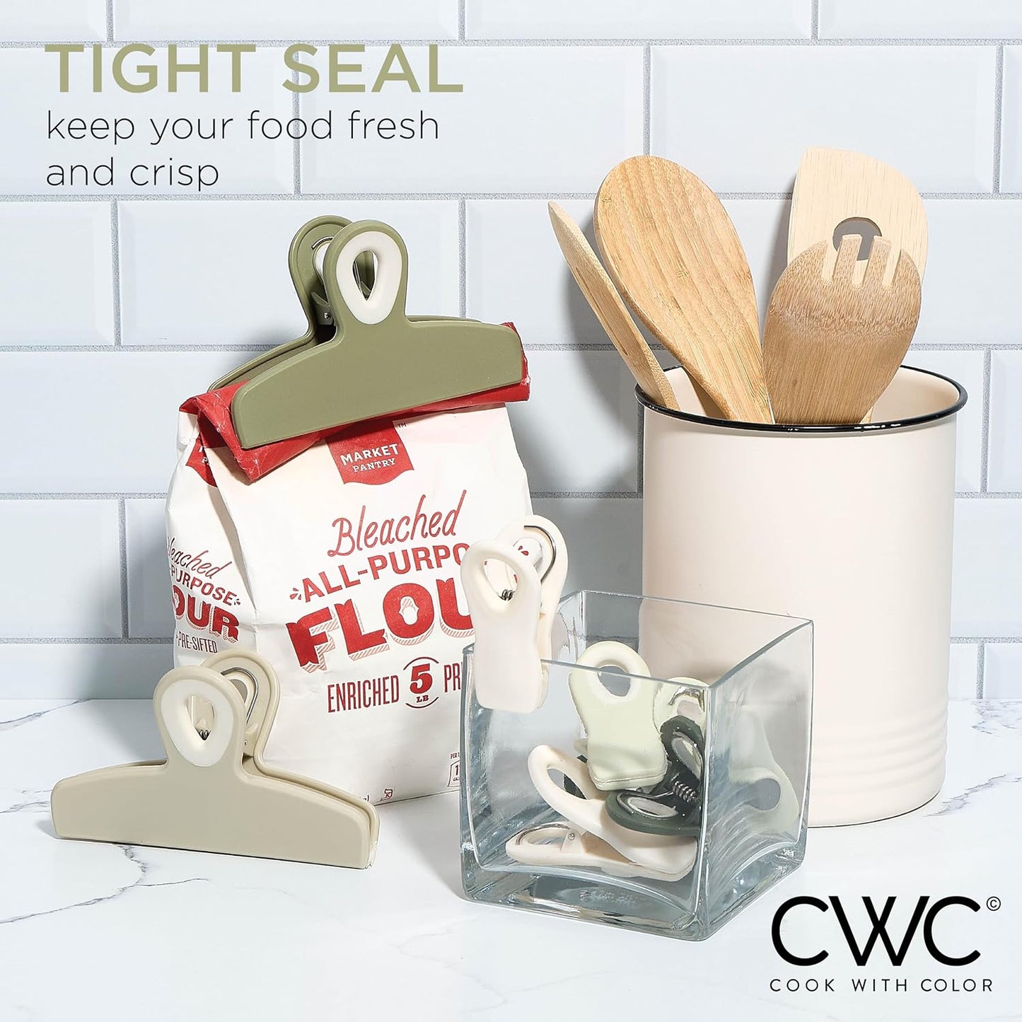 COOK WITH COLOR Bag Clips - Heavy Duty Chip Clip and Refrigerator Magnet Clips for Food Storage with Air Tight Seal Grip, Sage, Pack of 8